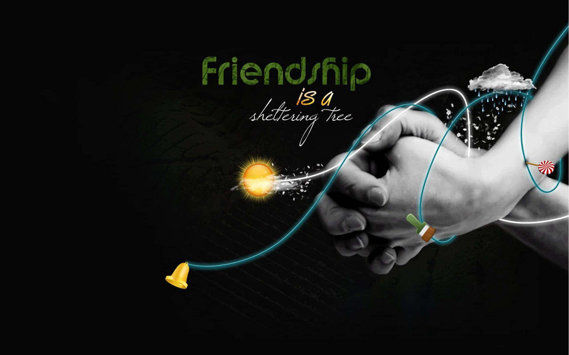Friendship 桌布 壁紙 — 兩隻手緊握在一起，發光的線條將它們連接到歡樂和抵禦風暴的象徵。