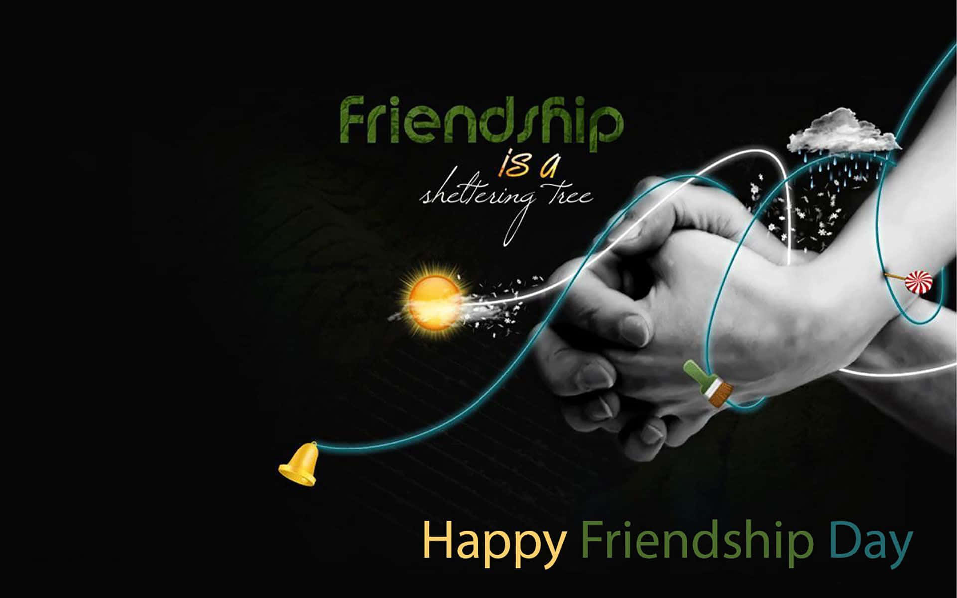 Friendship Day 桌布 壁紙 — 兩隻手緊握在一起，發光的線條將它們連接到代表喜悅和抵禦風暴的符號。