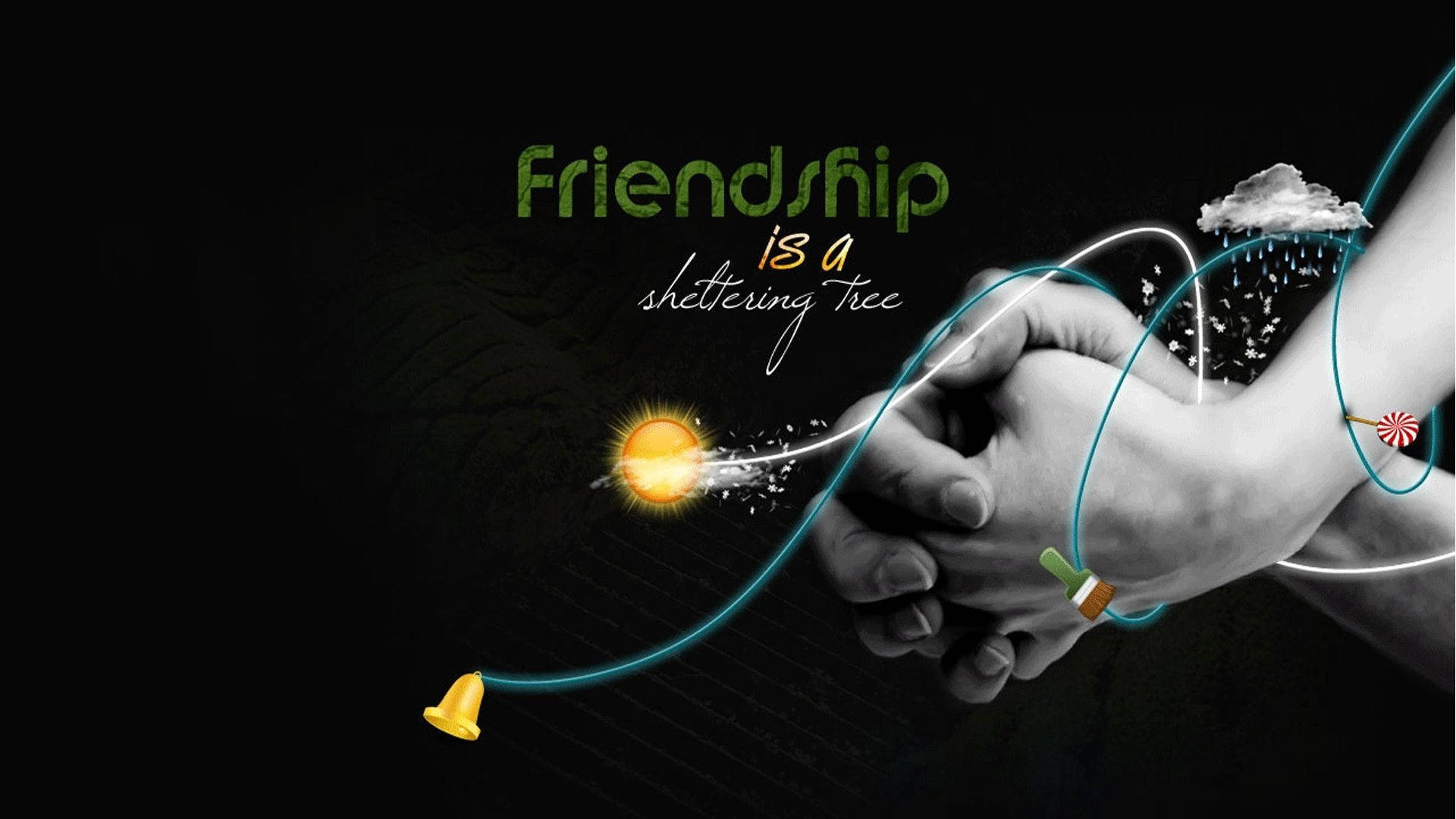 Friendship Day 桌布 壁紙 — 兩隻手緊握在一起，發光的線條將它們連接到生命和天氣的符號，背景為深色。