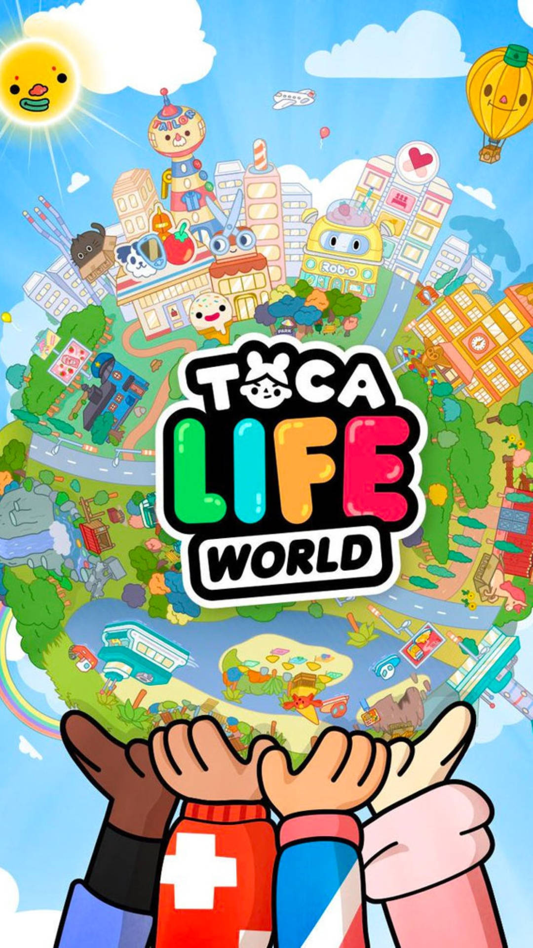 Toca 桌布 壁紙 — 兩隻手舉起一個色彩繽紛的卡通地球，上面充滿了奇特的建築物、動物和漂浮的熱氣球，在微笑的太陽下。