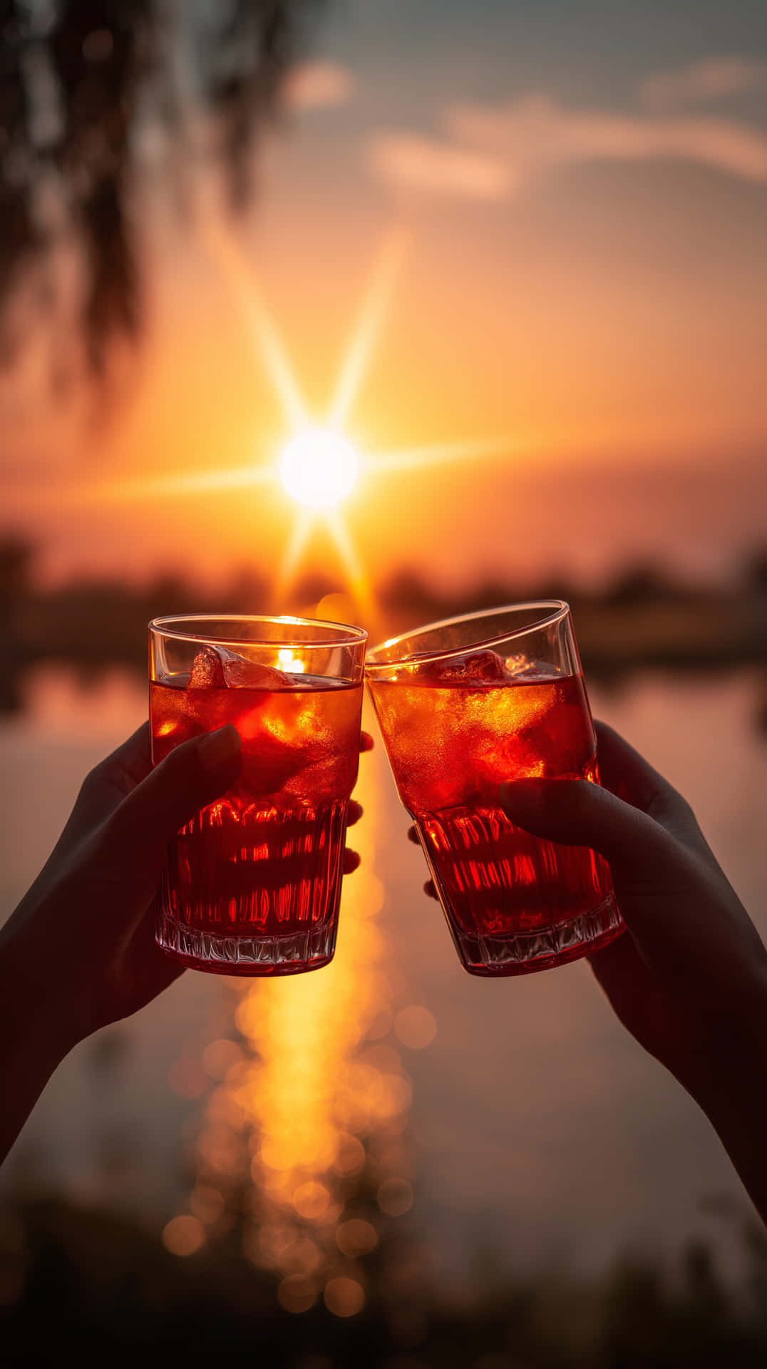Radiant Sunset Toast: Aperol Spritzes by the Lake 壁紙 — 兩隻手舉起冰凍紅色飲料的玻璃杯，在水面上閃耀的日落背景下碰杯，上方有樹枝的剪影。