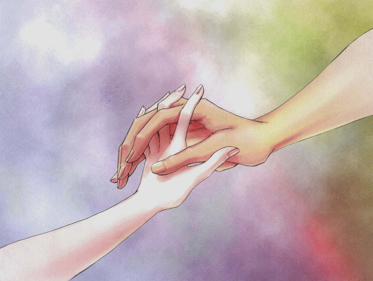 couple love 桌布 壁紙 — 兩隻手輕輕交握，背景是柔和粉彩漸變的天空，帶有飄渺的光芒。