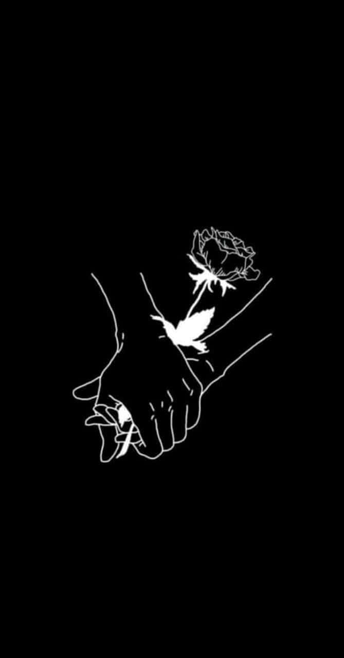Lovers 桌布 壁紙 — 兩隻手輕輕捧著一朵精緻的白玫瑰，背景為純黑色，採用極簡線條藝術風格。