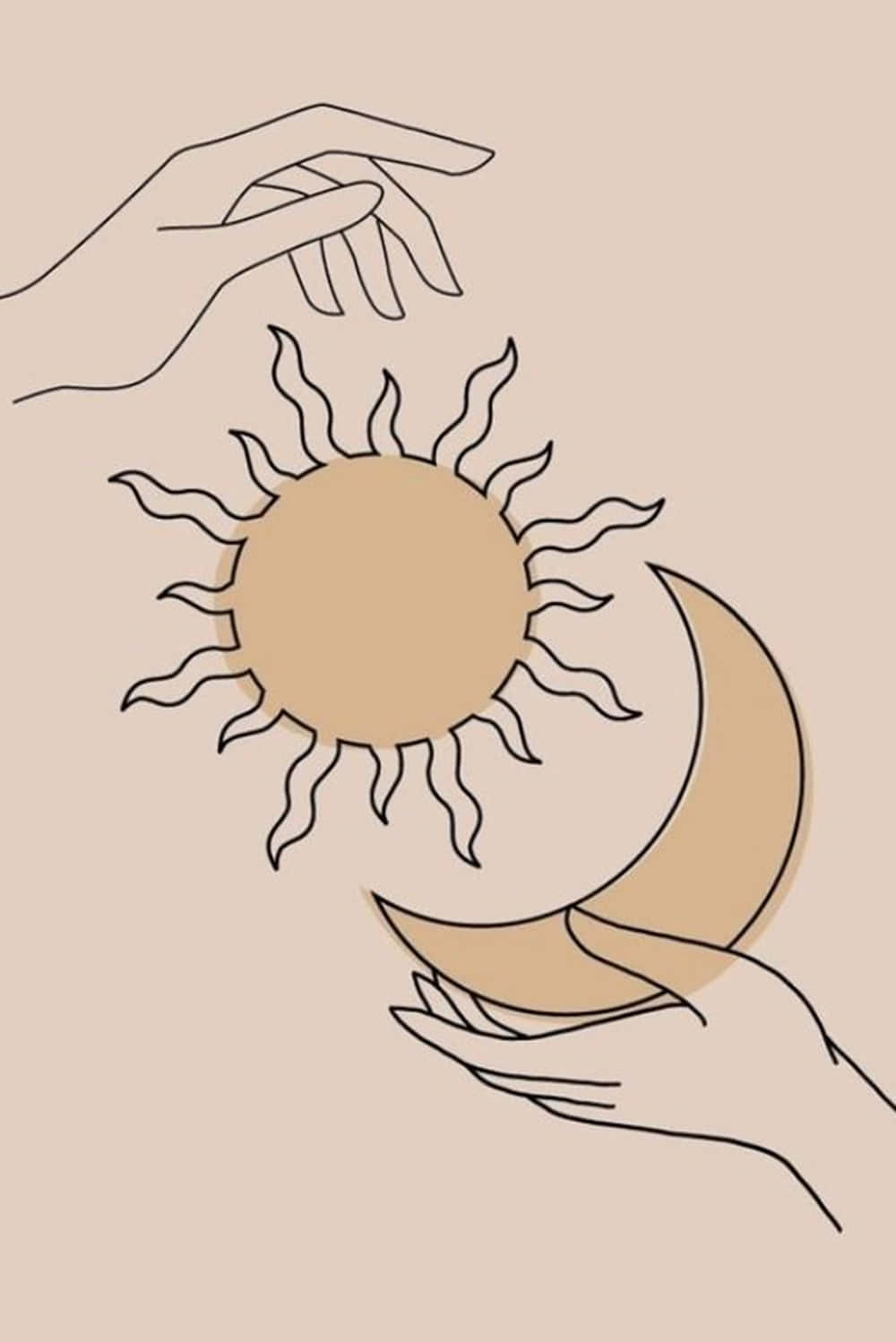 Sun And Moon Aesthetic 桌布 壁紙 — 兩隻手輕輕捧著太陽和月亮，以極簡線條藝術呈現，背景為柔和米色。