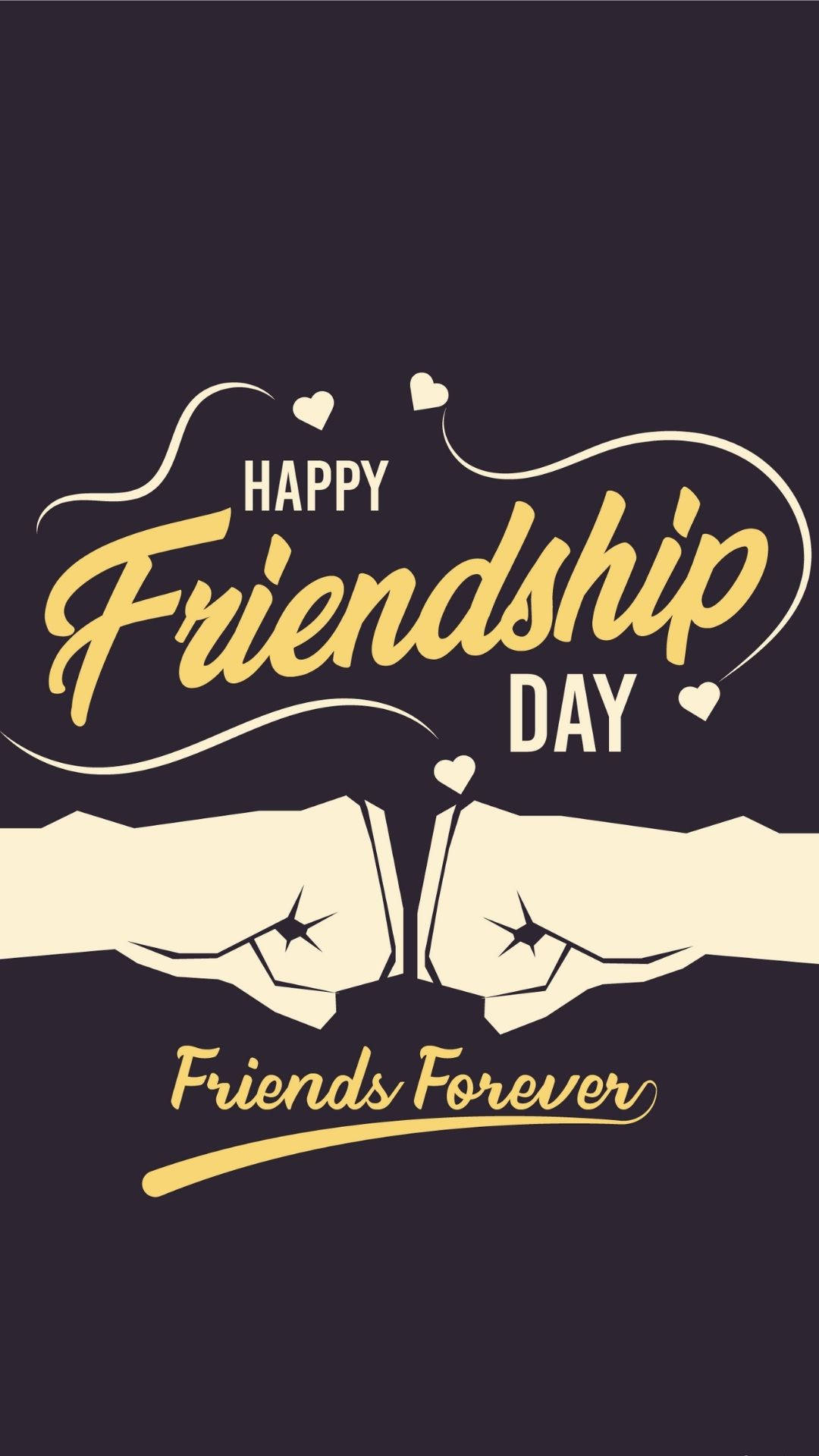 友誼日 桌布 壁紙 — 兩隻拳頭在深色背景上碰撞，帶有金色「Happy Friendship Day」文字和心形圖案。