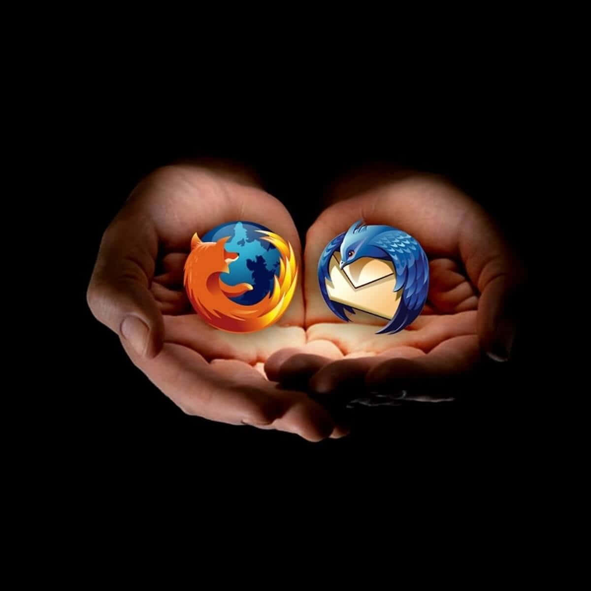 Thunderbird 桌布 壁紙 — 兩隻捧著的手在黑色背景上托著發光的 Firefox 和 Thunderbird 標誌。