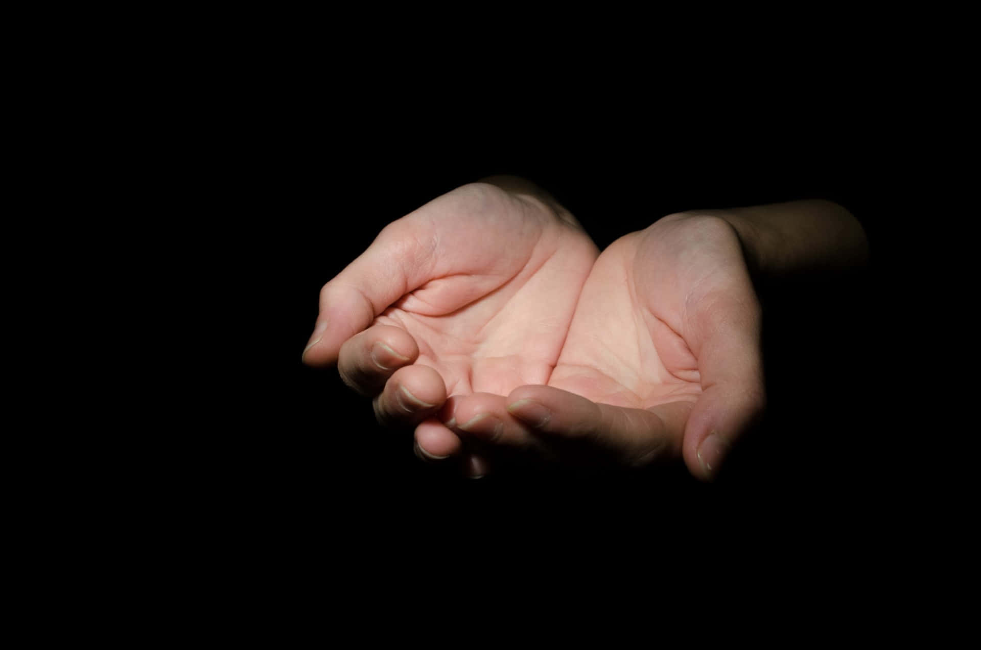 hands 桌布 壁紙 — 兩隻捧起的手在戲劇性的聚光燈下，對著一片漆黑的背景輕輕托著虛無。