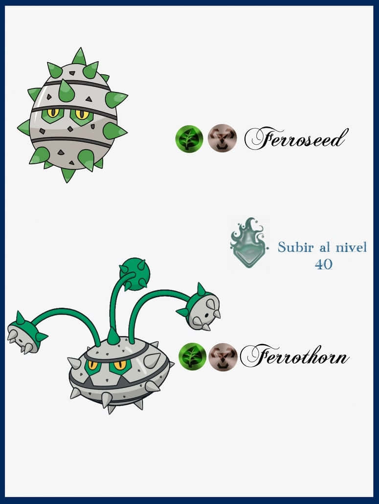 高清 桌布 壁紙 — 兩隻插圖中的寶可夢 Ferroseed 和 Ferrothorn，背景簡單，帶有西班牙語的升級文字。
