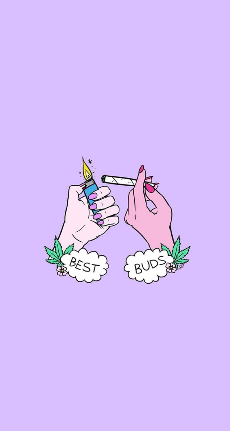 桌布 壁紙 — 兩隻插圖手，紫色指甲，在薰衣草背景上點燃一支大麻煙，背景有「BEST BUDS」雲朵和大麻葉。