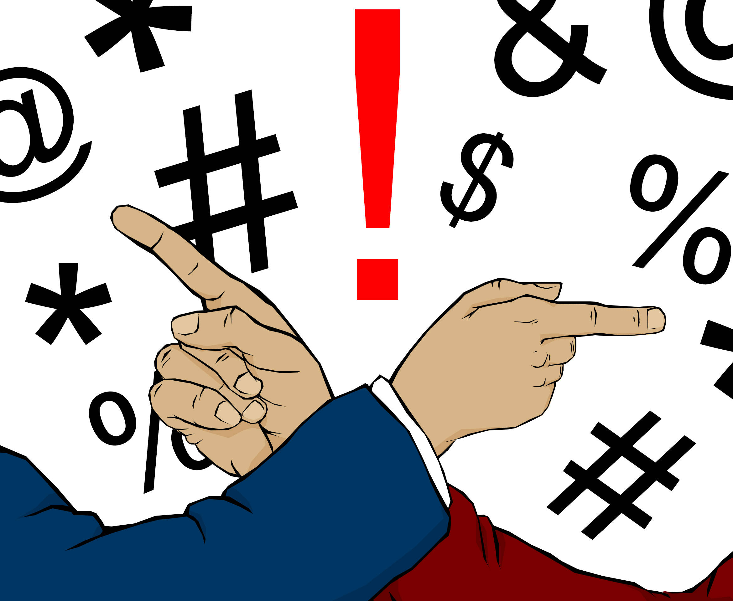 政治 桌布 壁紙 — 兩隻插圖手穿著商務服裝指向一個被黑色符號包圍的紅色驚嘆號，背景為白色。