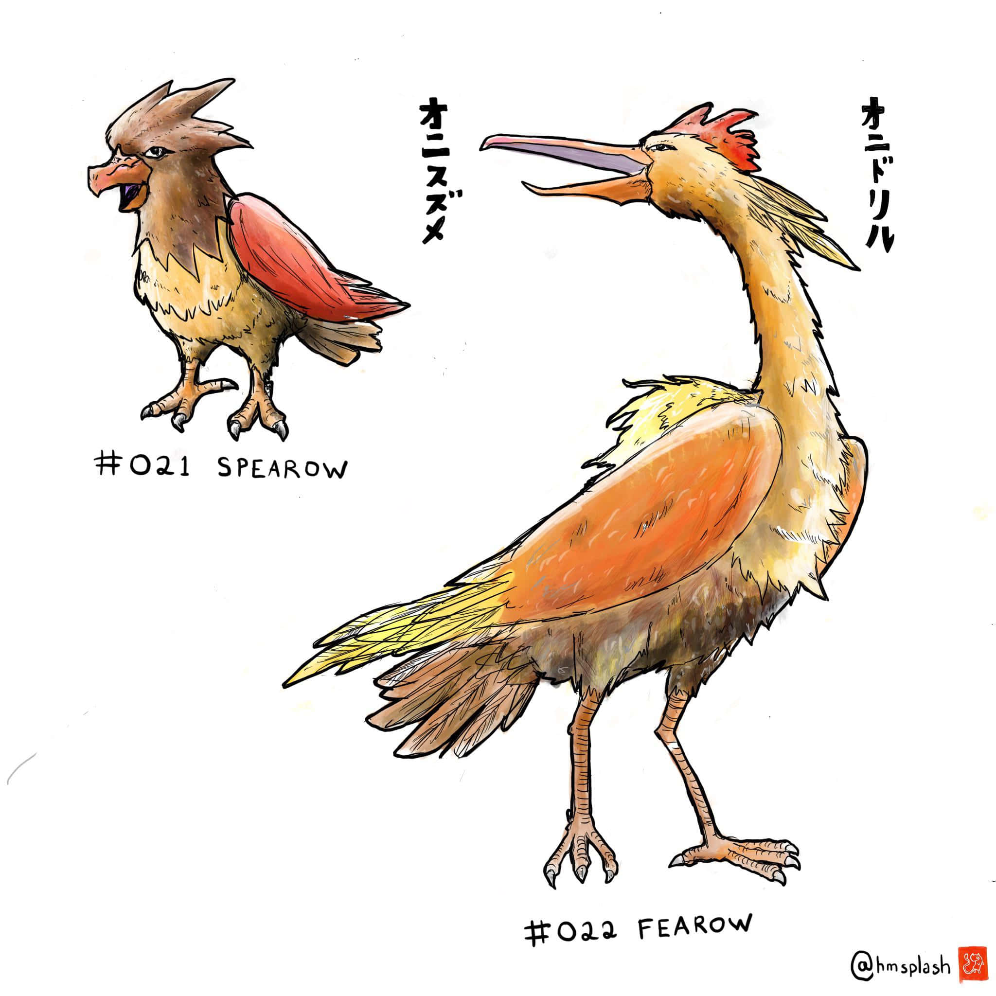 電玩遊戲 桌布 壁紙 — 兩隻插圖鳥類生物，有尖銳的喙和羽毛覆蓋的身體，標記為 Spearow 和 Fearow。