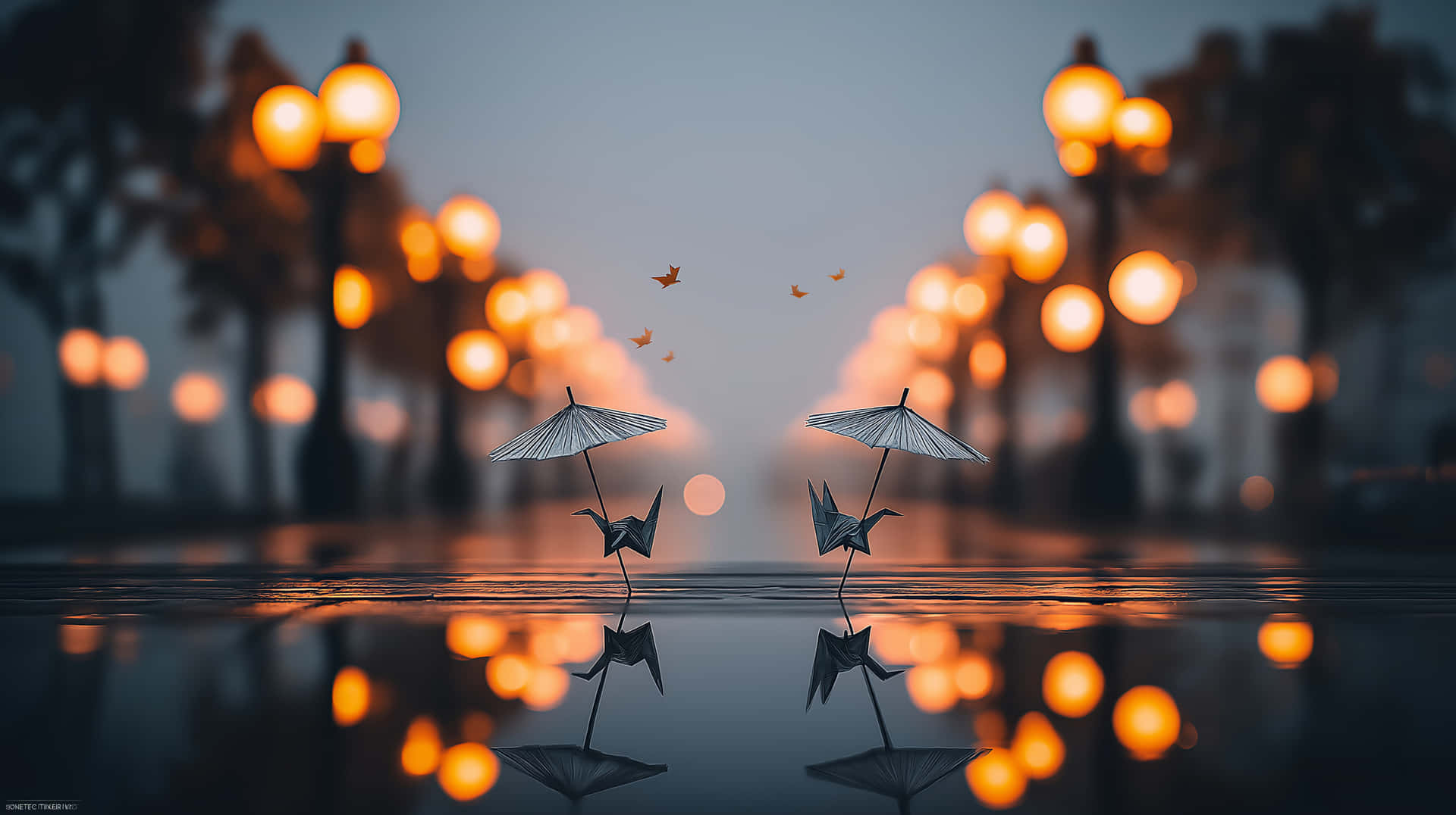 Origami Cranes with Umbrellas in Rainy Street Lights 壁紙 — 兩隻撐著傘的摺紙鶴站在一個映照著溫暖街燈和落葉的雨水坑中。