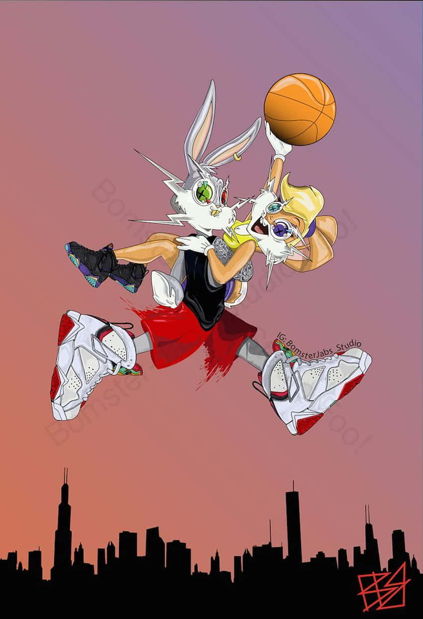 Bugs Bunny Supreme 桌布 壁紙 — 兩隻擬人化兔子在夕陽城市天際線背景下進行空中籃球爭奪戰。