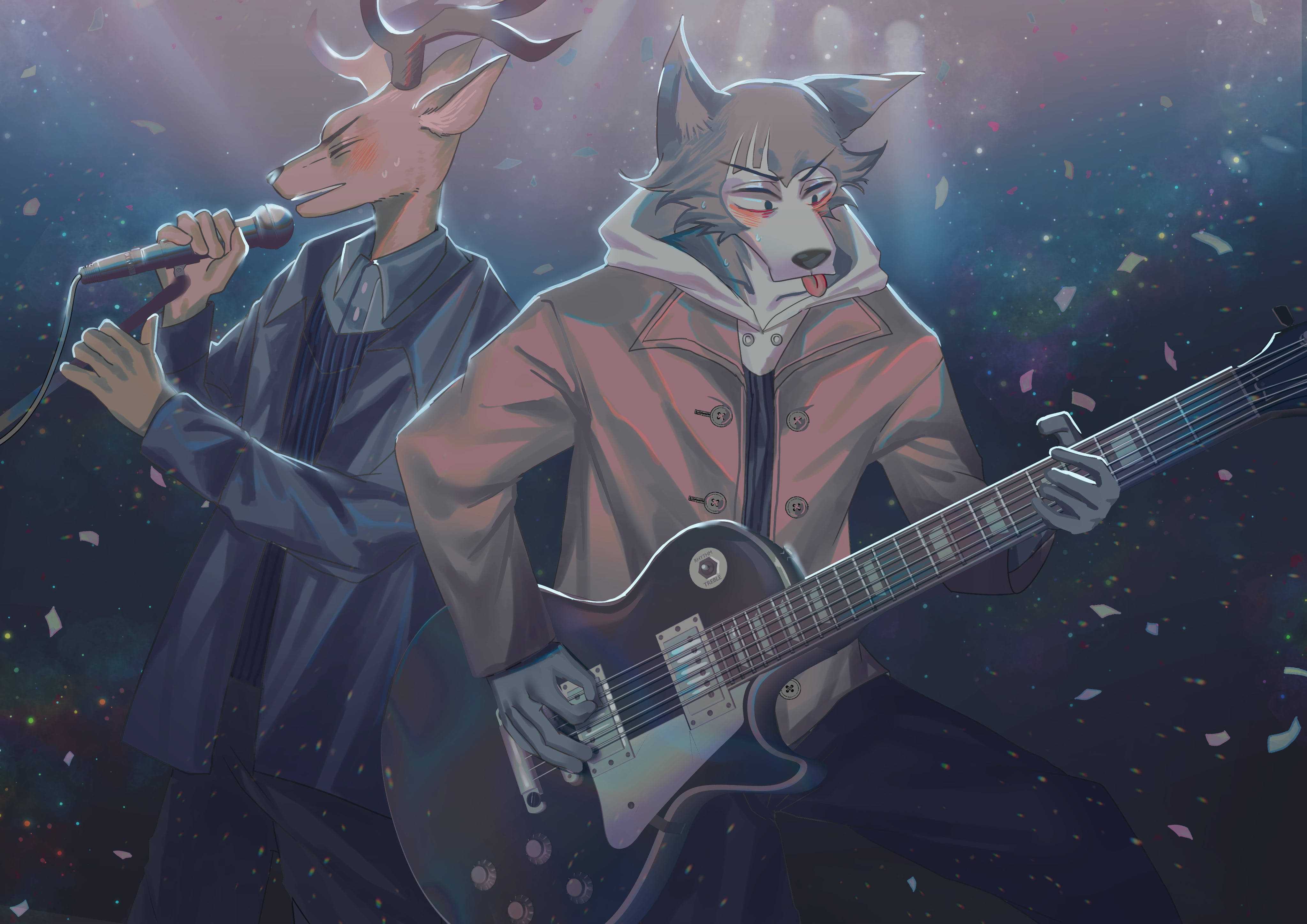 獸星 桌布 壁紙 — 兩隻擬人化動物在星光下表演，舞台上飄落著五彩紙屑。
