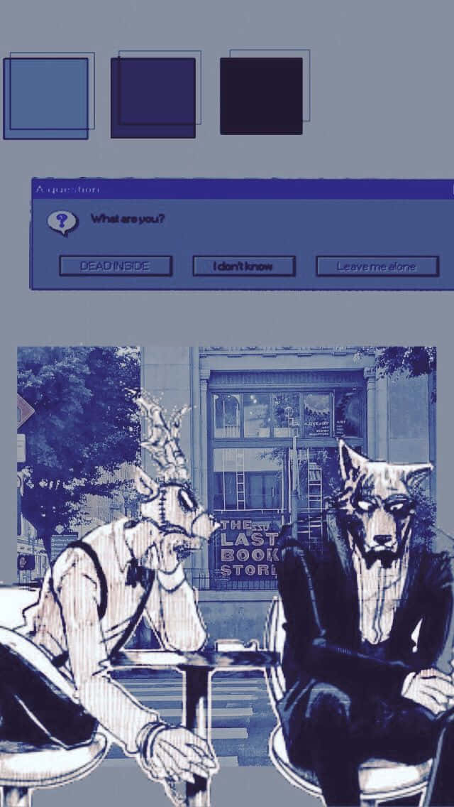 桌布 壁紙 — 兩隻擬人化動物坐在咖啡桌旁，上方有一個藍色調的數位介面，提出存在主義問題。