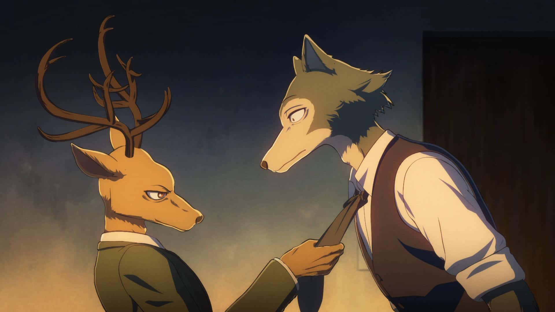 獸星 桌布 壁紙 — 兩隻擬人化動物穿著西裝，在昏暗的房間裡以戲劇性的燈光面對面。