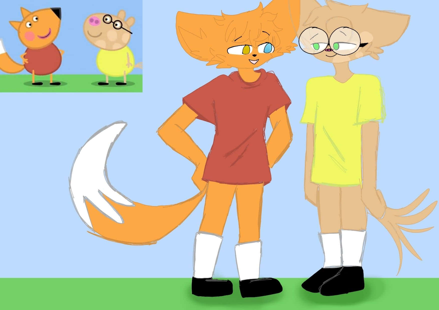 Pedro Pony 桌布 壁紙 — 兩隻擬人化狐狸穿著休閒服裝，自信地站在草地上，背景是藍天，並有一個小插圖顯示Peppa Pig角色。