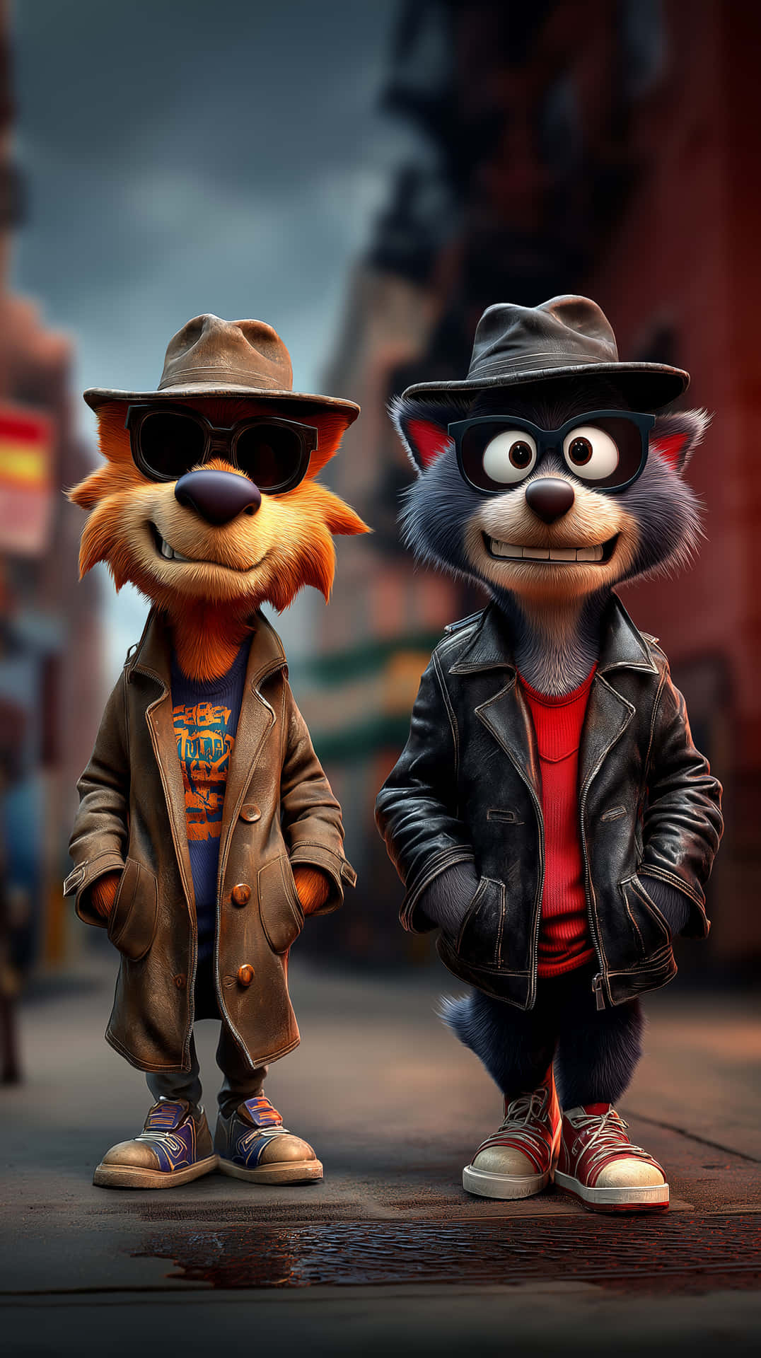 Urban Animal Duo 壁紙 — 兩隻擬人化的狐狸和狼戴著軟呢帽、太陽眼鏡、外套和運動鞋，在黃昏的城市街道上自信地站立。