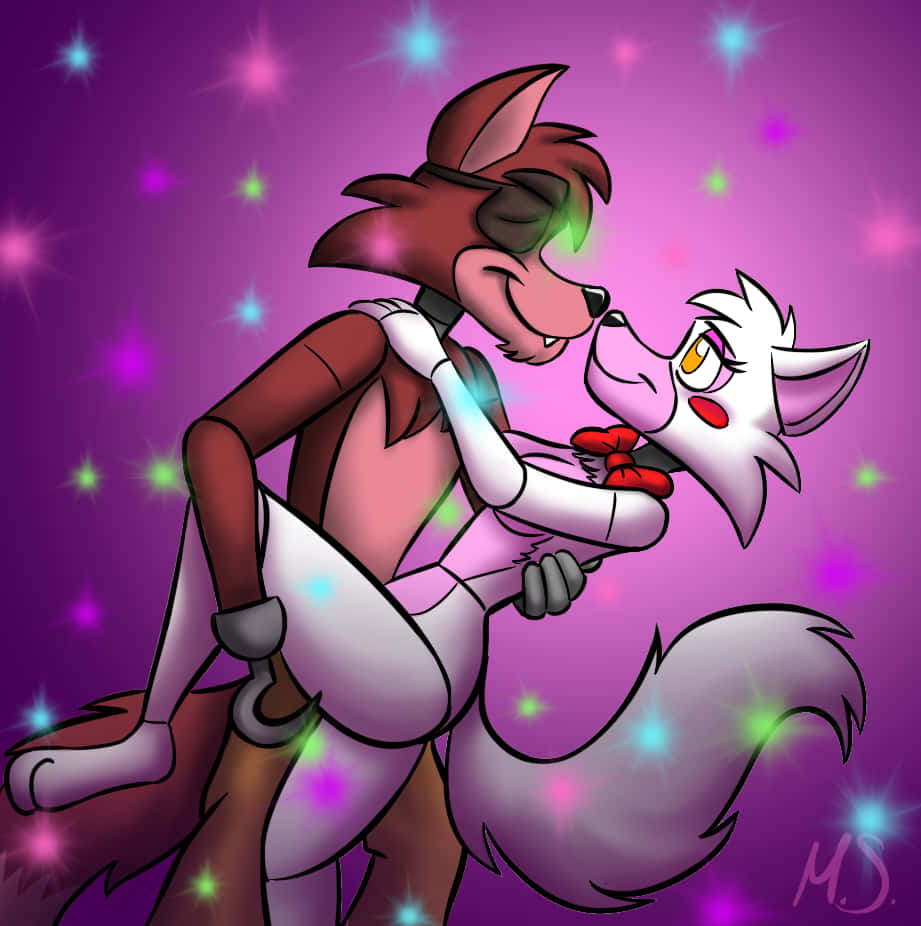 Foxy 桌布 壁紙 — 兩隻擬人化的狐狸在閃爍的紫色背景上，伴隨著發光的星星，熱情地擁抱。