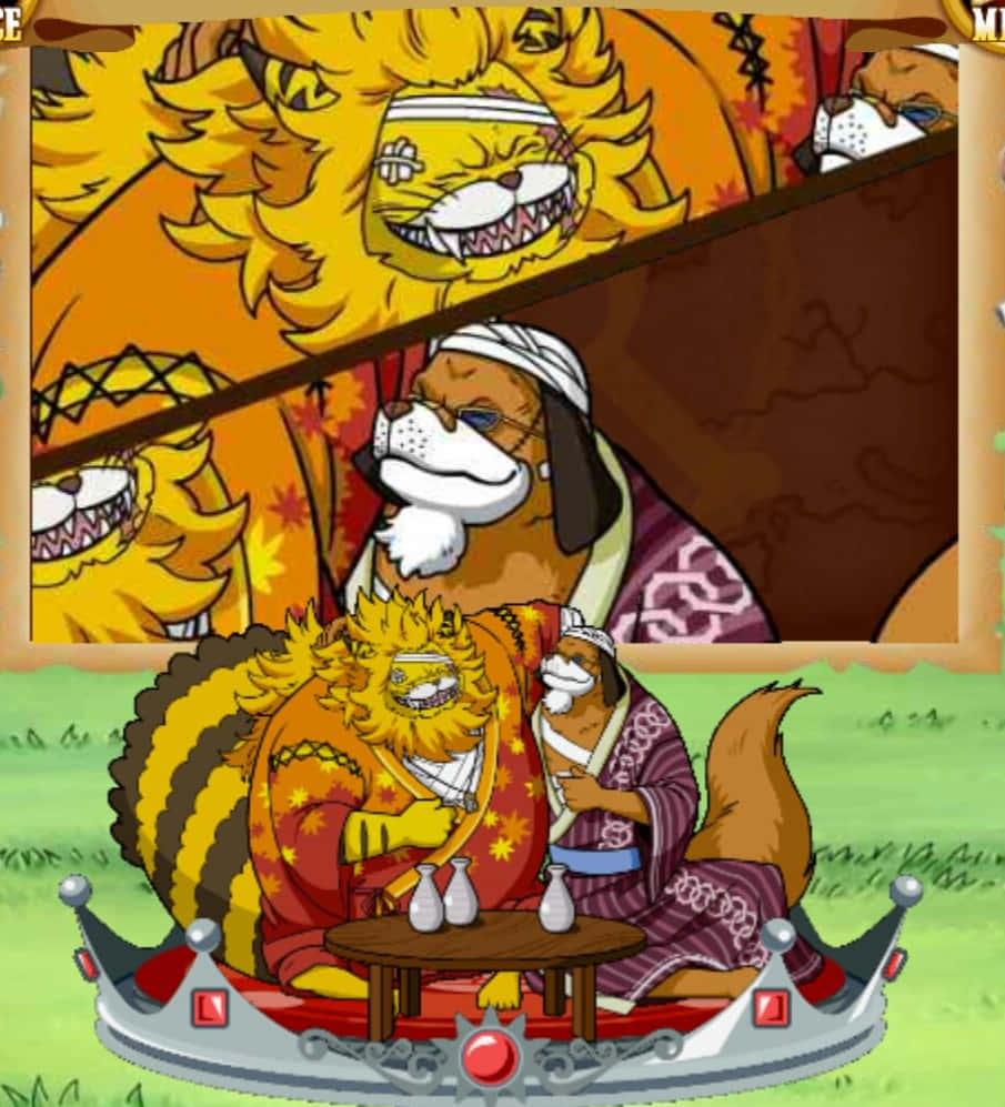 Nekomamushi 桌布 壁紙 — 兩隻擬人化的狗穿著華麗長袍，坐在一張有清酒瓶的桌子旁，上方掛著一個大型獅頭旗幟。