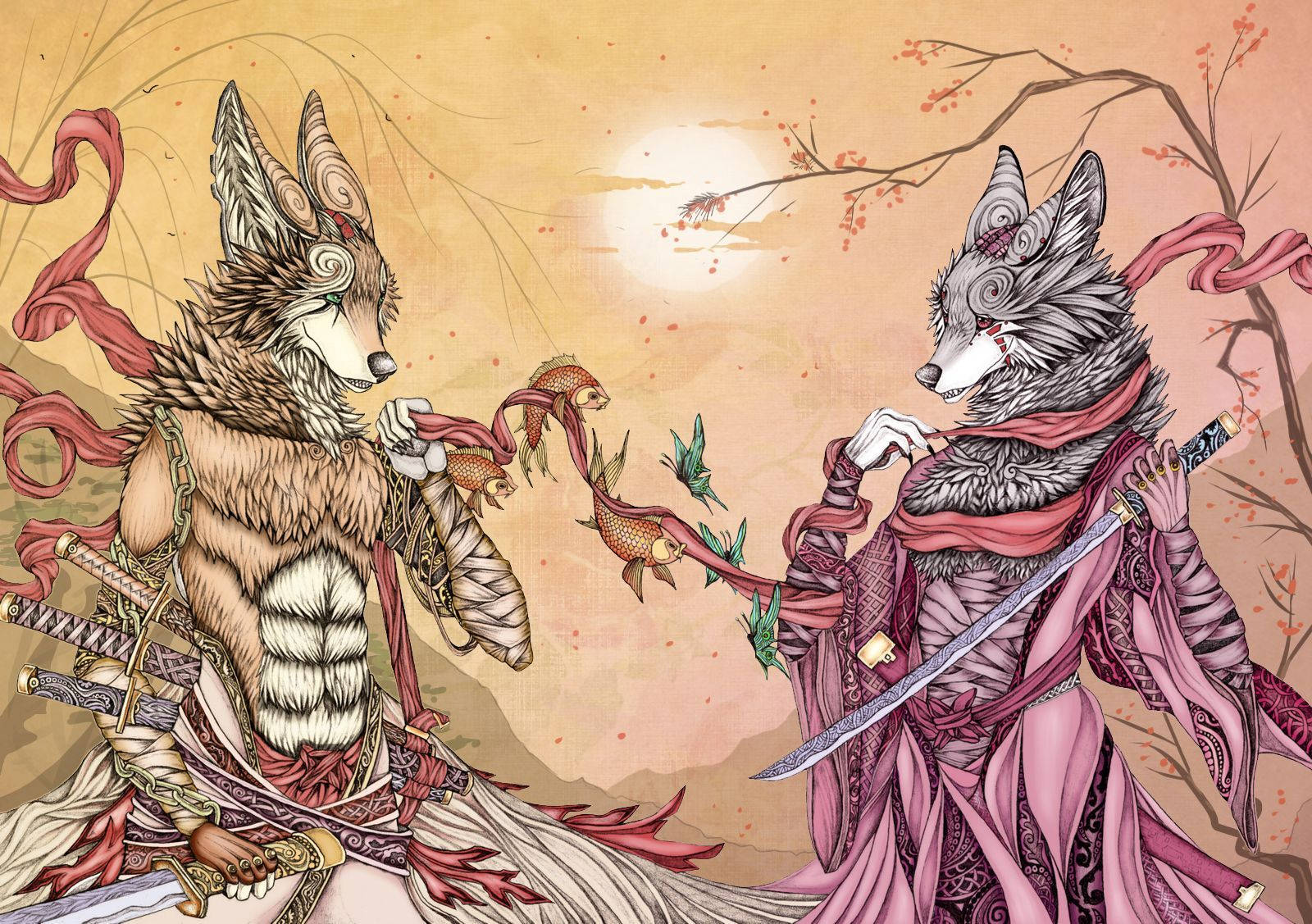 Kitsune 桌布 壁紙 — 兩隻擬人化的狼穿著華麗的盔甲和長袍，在發光的太陽下對峙，櫻花和魚在它們之間漂浮。