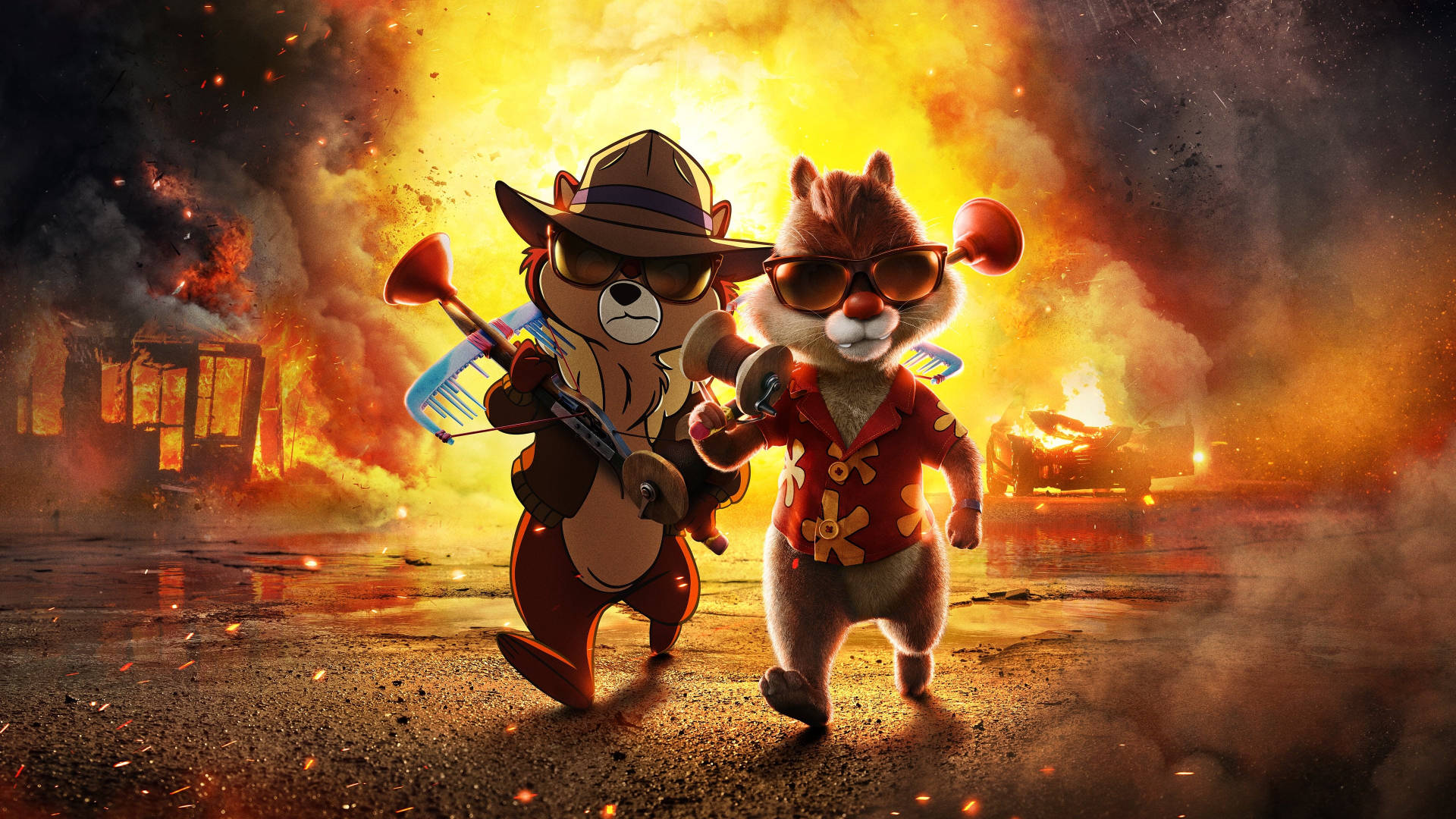 Cartoon Characters 桌布 壁紙 — 兩隻擬人化的花栗鼠戴著太陽眼鏡和夏威夷襯衫，自信地走過一個燃燒的城市廢墟，有燃燒的汽車和煙霧。