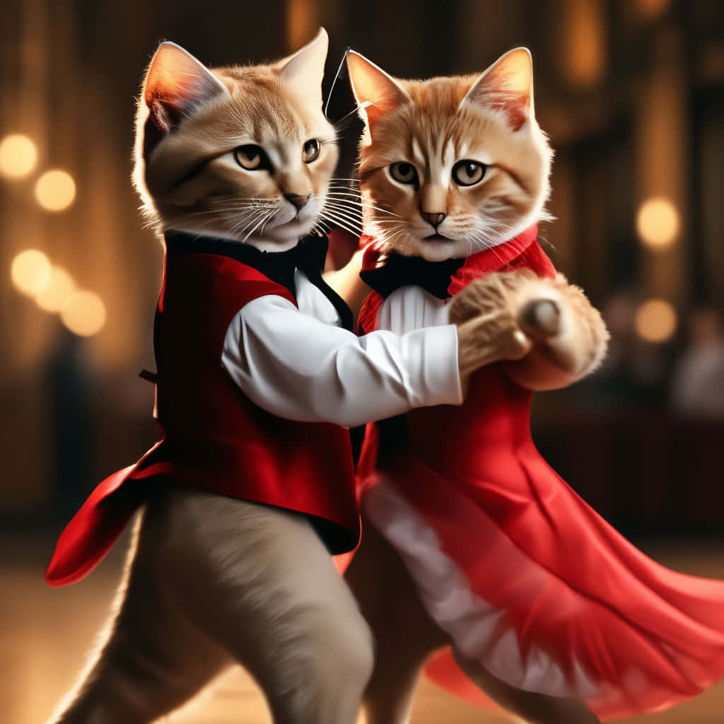 Dancing Cat 桌布 壁紙 — 兩隻擬人化的貓咪穿著正式的紅白服裝，在優雅的大廳中，在溫暖的散景燈光下優雅地跳舞。