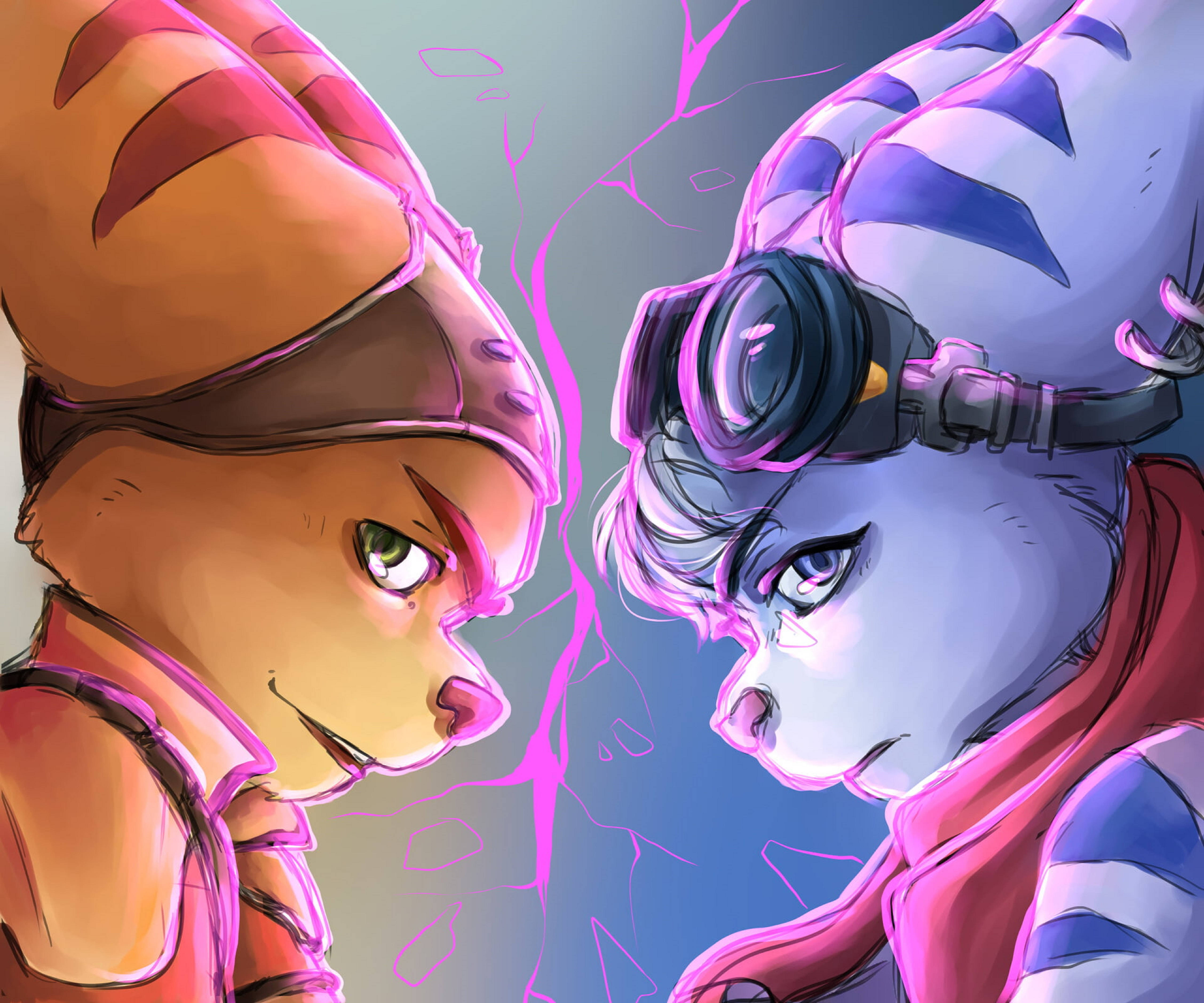 ratchet 桌布 壁紙 — 兩隻擬人化的貓科動物在緊張的動漫風格對峙中，彼此之間有劈啪作響的粉紅色能量。