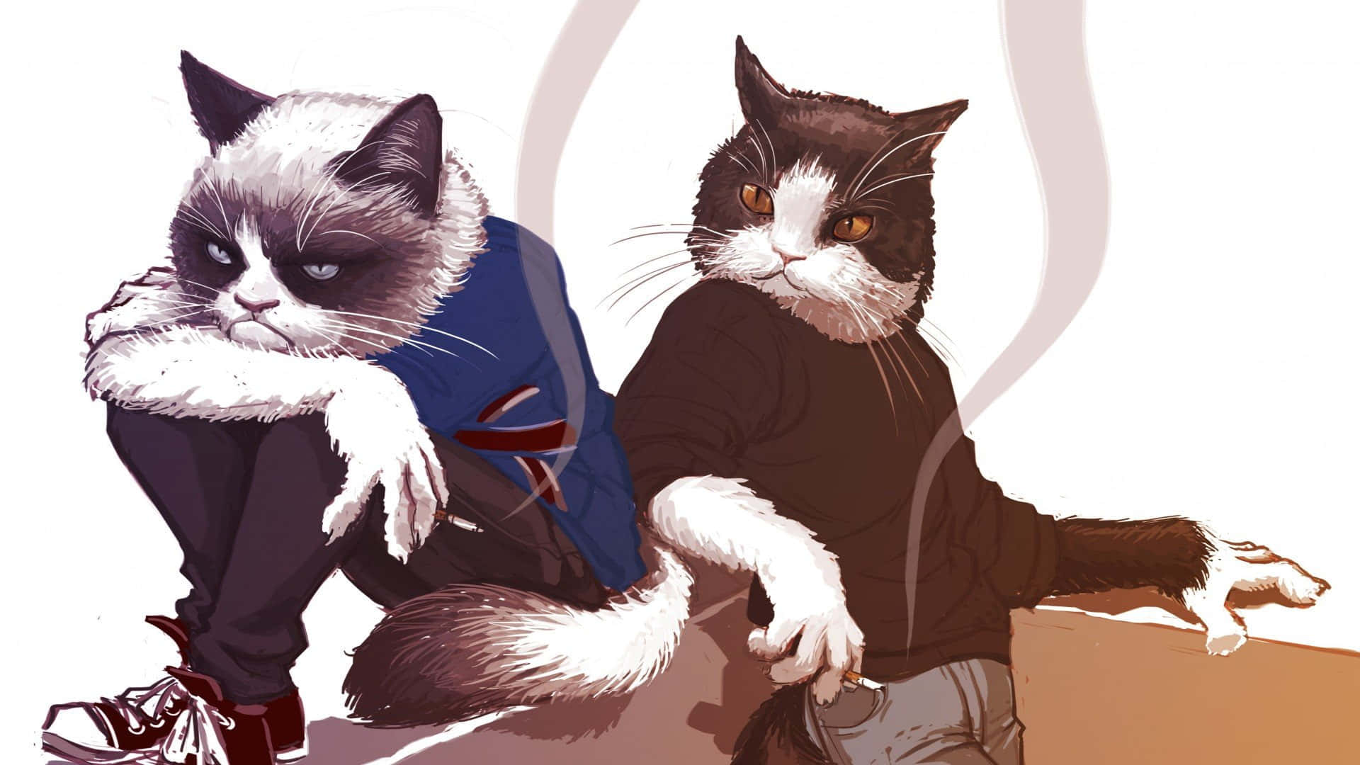 藝術 桌布 壁紙 — 兩隻擬人化的貓穿著街頭服飾，並排坐著，表情得意，背景簡單。