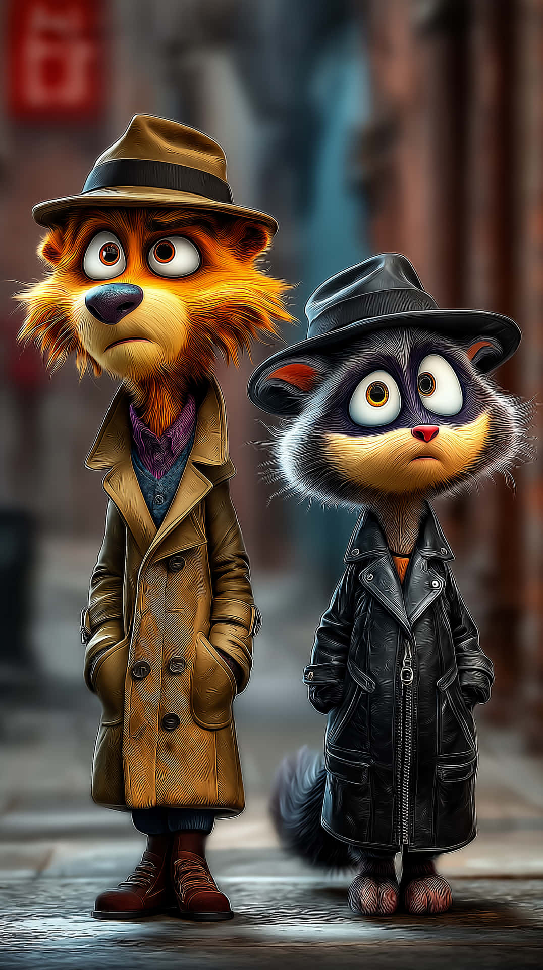 Urban Animal Duo 壁紙 — 兩隻擬人化的貓穿著風衣和軟呢帽，並肩站在一條雨中的城市街道上，背景是模糊的建築物。