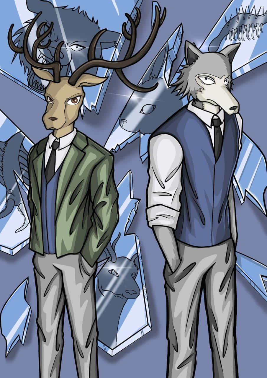 獸星 桌布 壁紙 — 兩隻擬人化的鹿和狼穿著西裝，自信地站在破碎的鏡子背景前，鏡子顯露出動物面孔。
