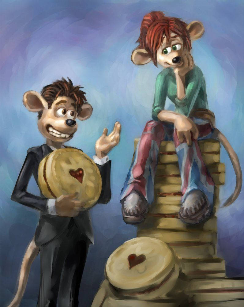 Flushed Away 桌布 壁紙 — 兩隻擬人化老鼠，一隻穿西裝拿著心形派，另一隻坐在派堆上，兩者都在柔和藍色背景前微笑。
