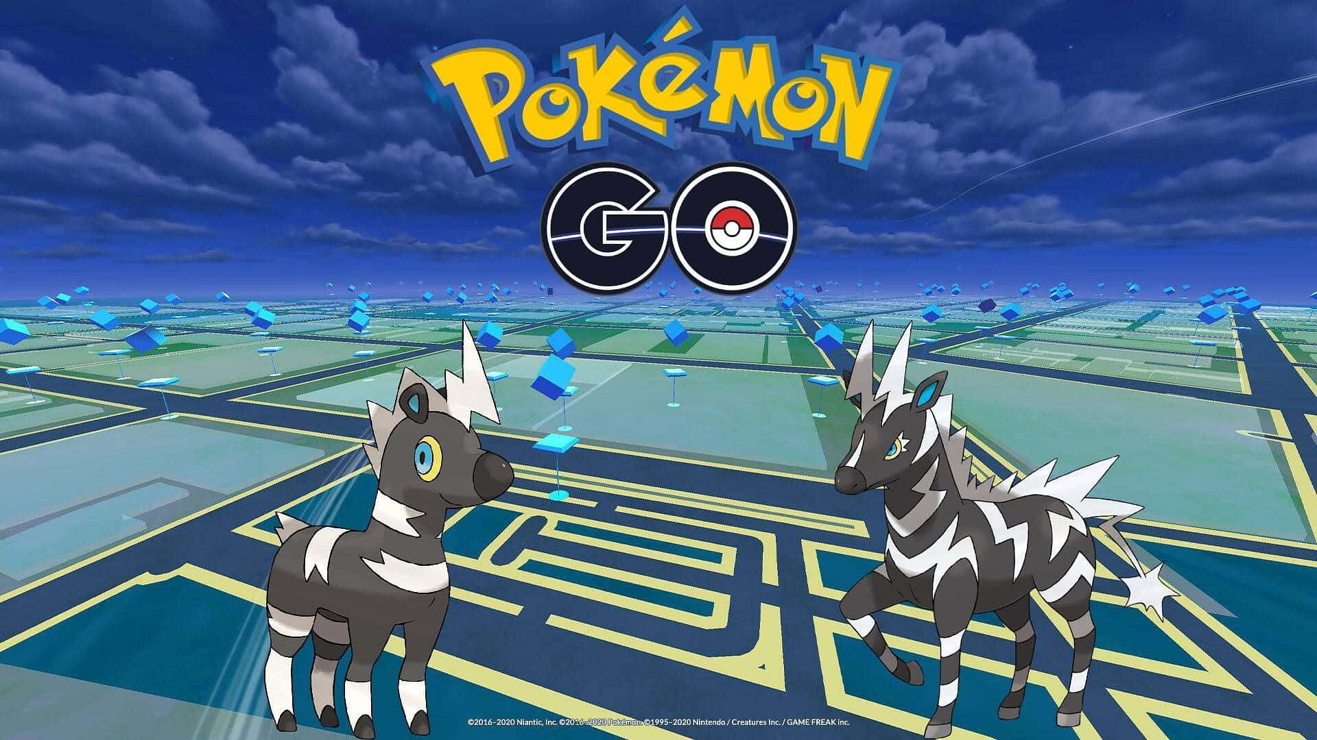 Pokemon Logo 桌布 壁紙 — 兩隻斑馬般的寶可夢站在發光的網格上，天空多雲，上方有Pokémon GO標誌。