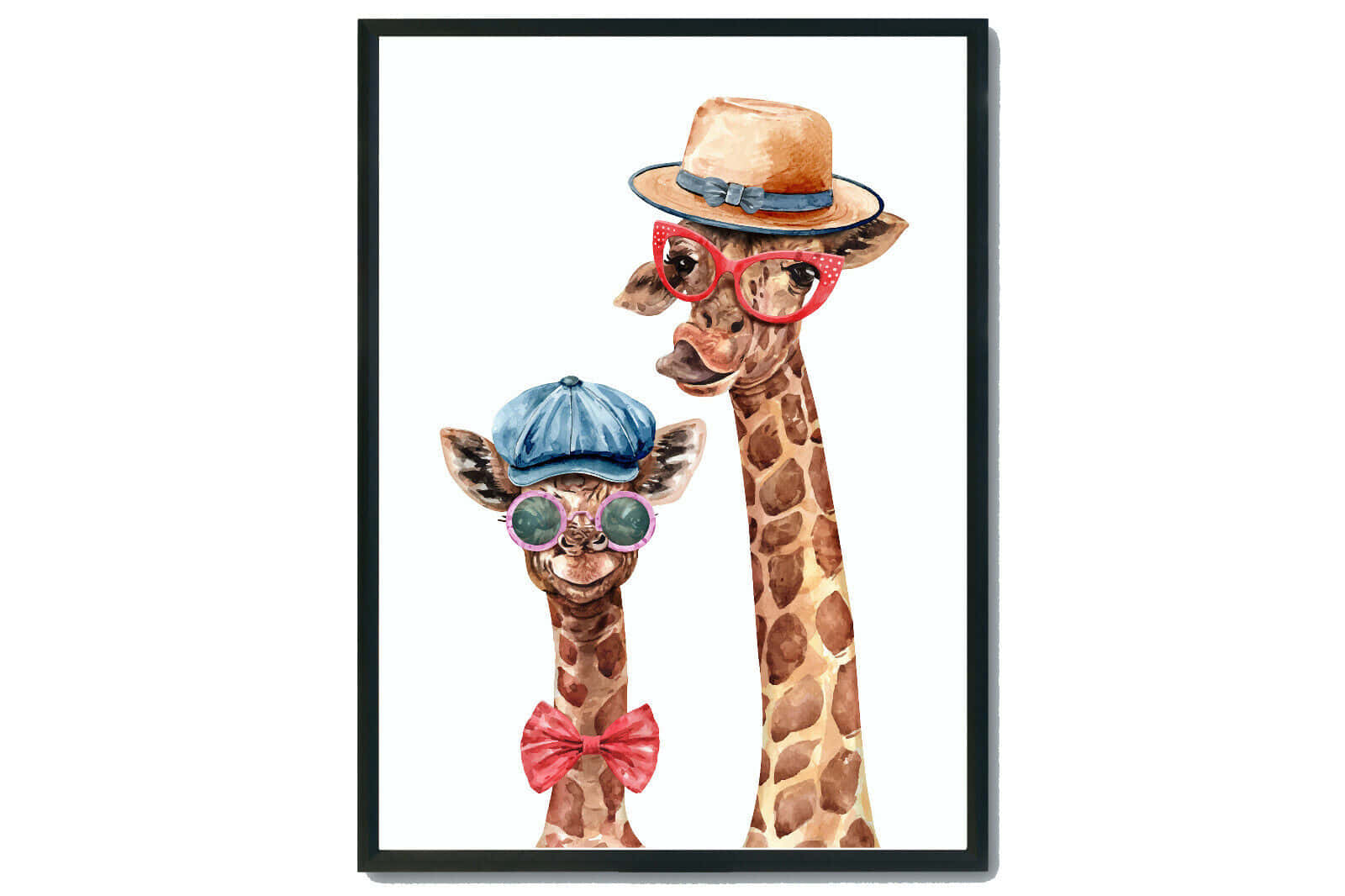 動物 桌布 壁紙 — 兩隻時尚的長頸鹿戴著帽子和眼鏡，在水彩插圖中愉快地微笑。