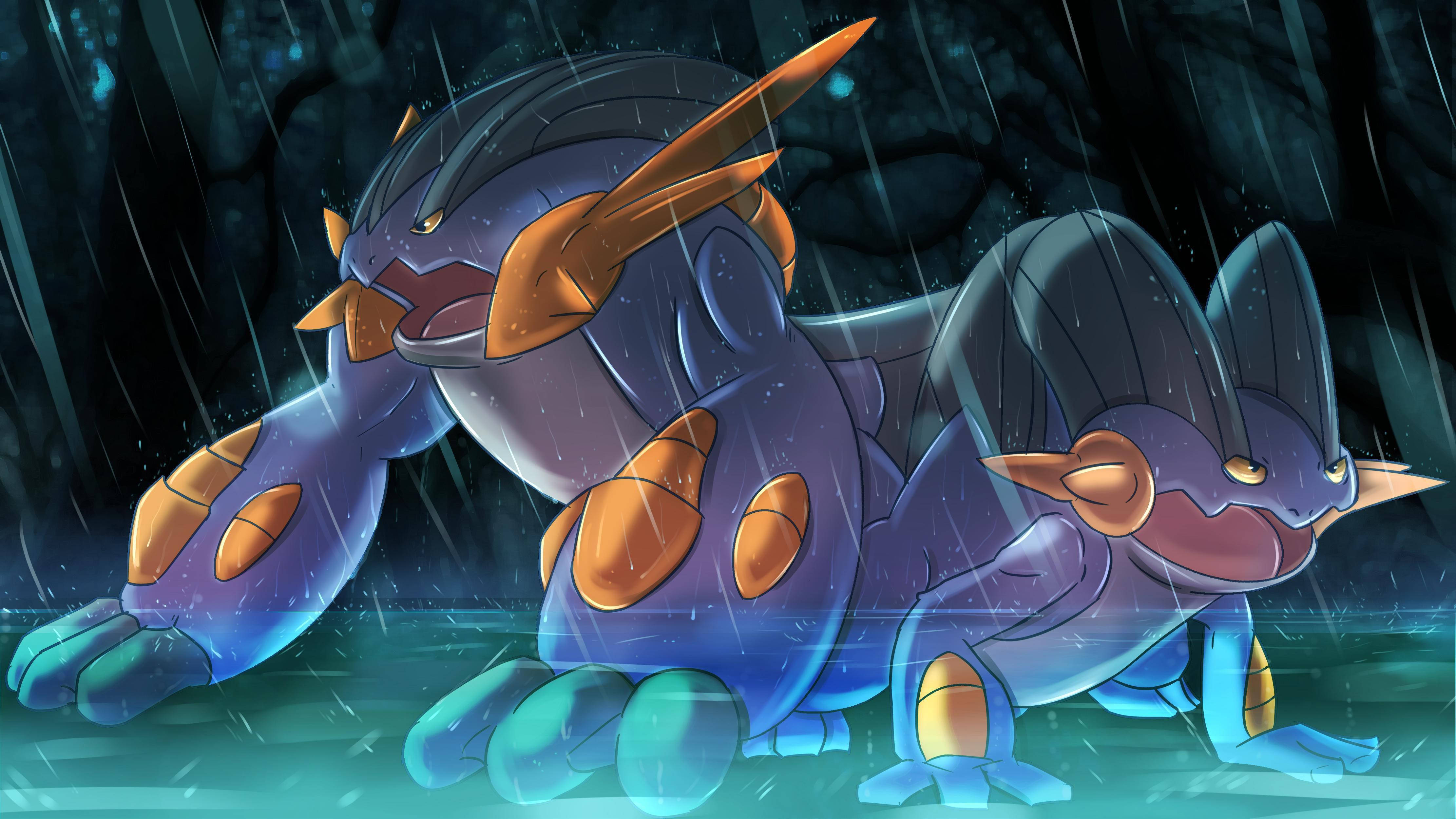 動漫 桌布 壁紙 — 兩隻暴鯉龍在黑暗的雨林中戰鬥，伴隨著發光的藍色水和橙色點綴。
