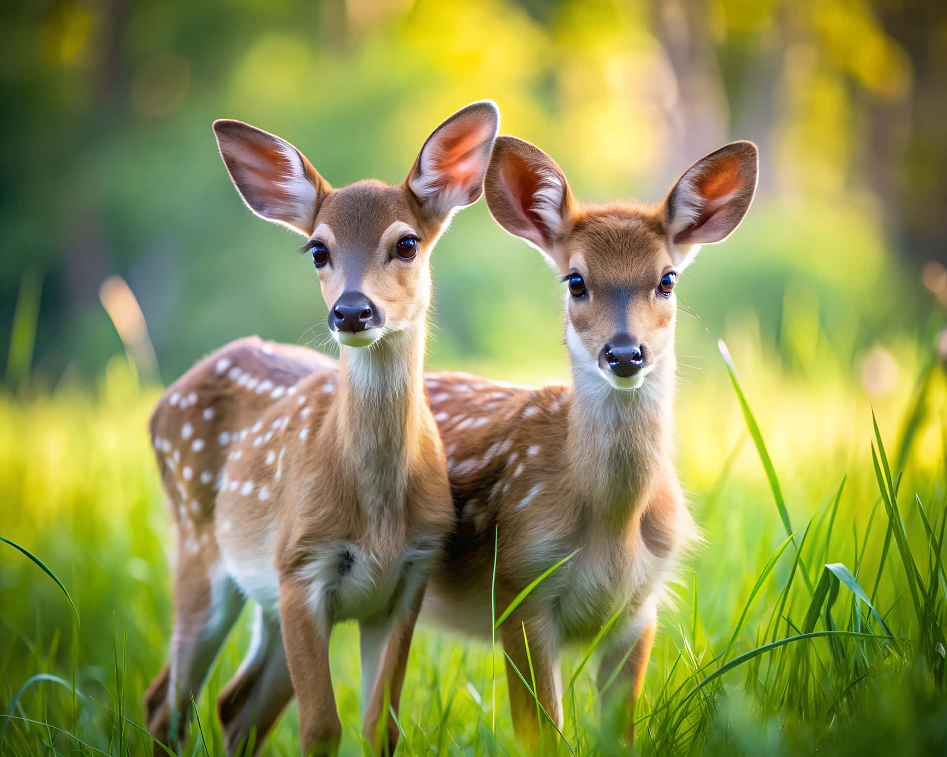 Two deer in nature 壁紙 — 兩隻有斑點的小鹿在陽光普照的綠草中警覺地站立，背景是模糊的森林。
