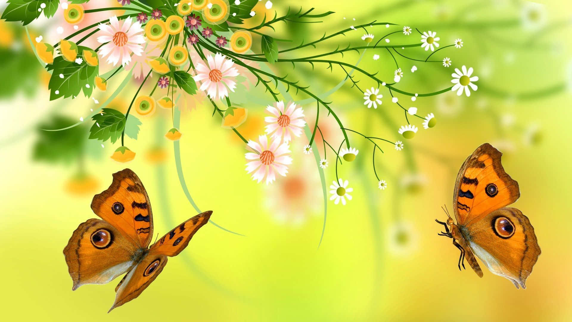 Butterfly Art 桌布 壁紙 — 兩隻有眼斑的橙色蝴蝶在白色、粉紅色和黃色花朵組成的瀑布附近飛舞，背景是柔和的綠色漸變。