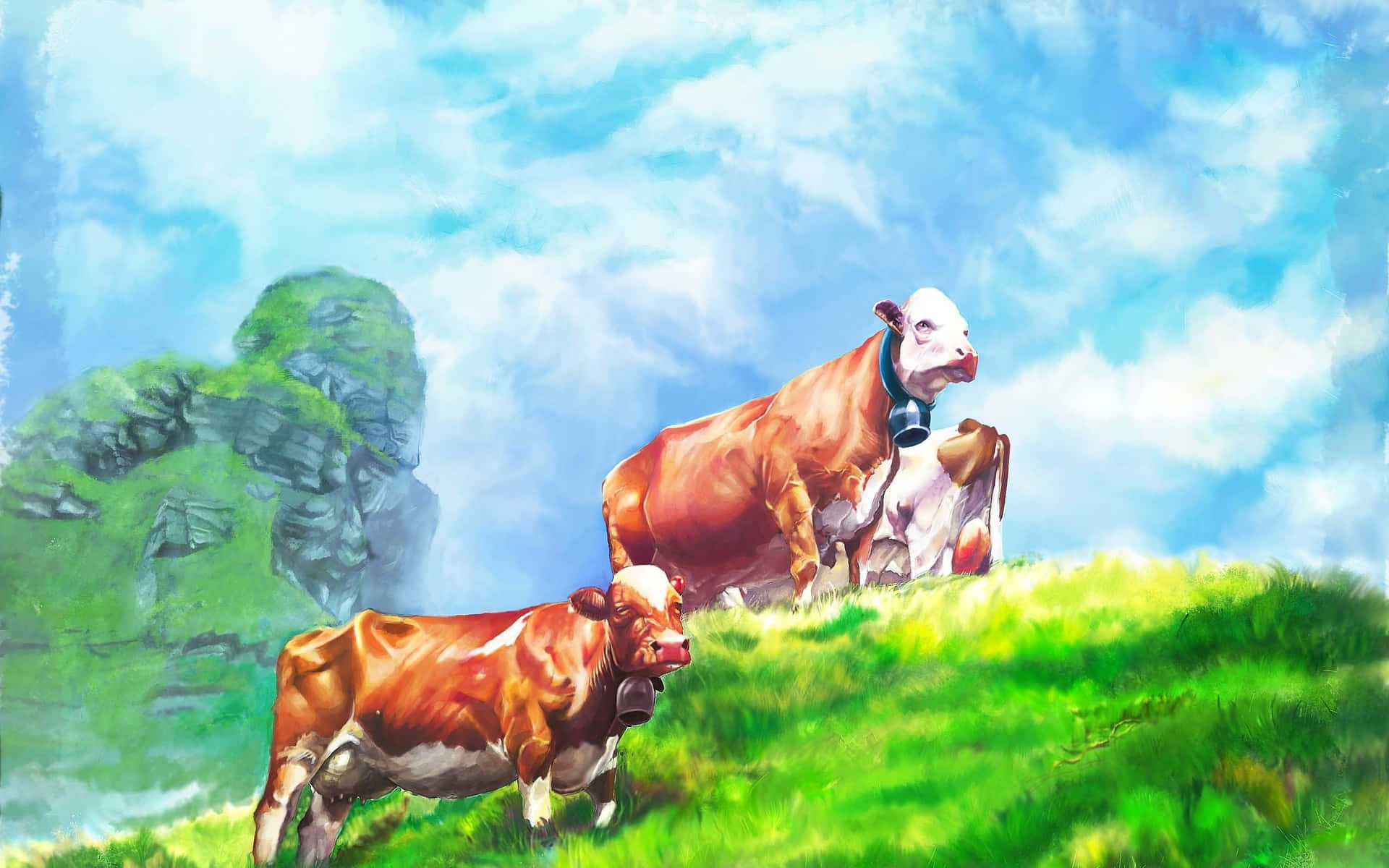 Brown Swiss Cow 桌布 壁紙 — 兩隻棕白色的牛在茂密的綠色山丘上吃草，天空晴朗蔚藍，有 fluffy 的雲。