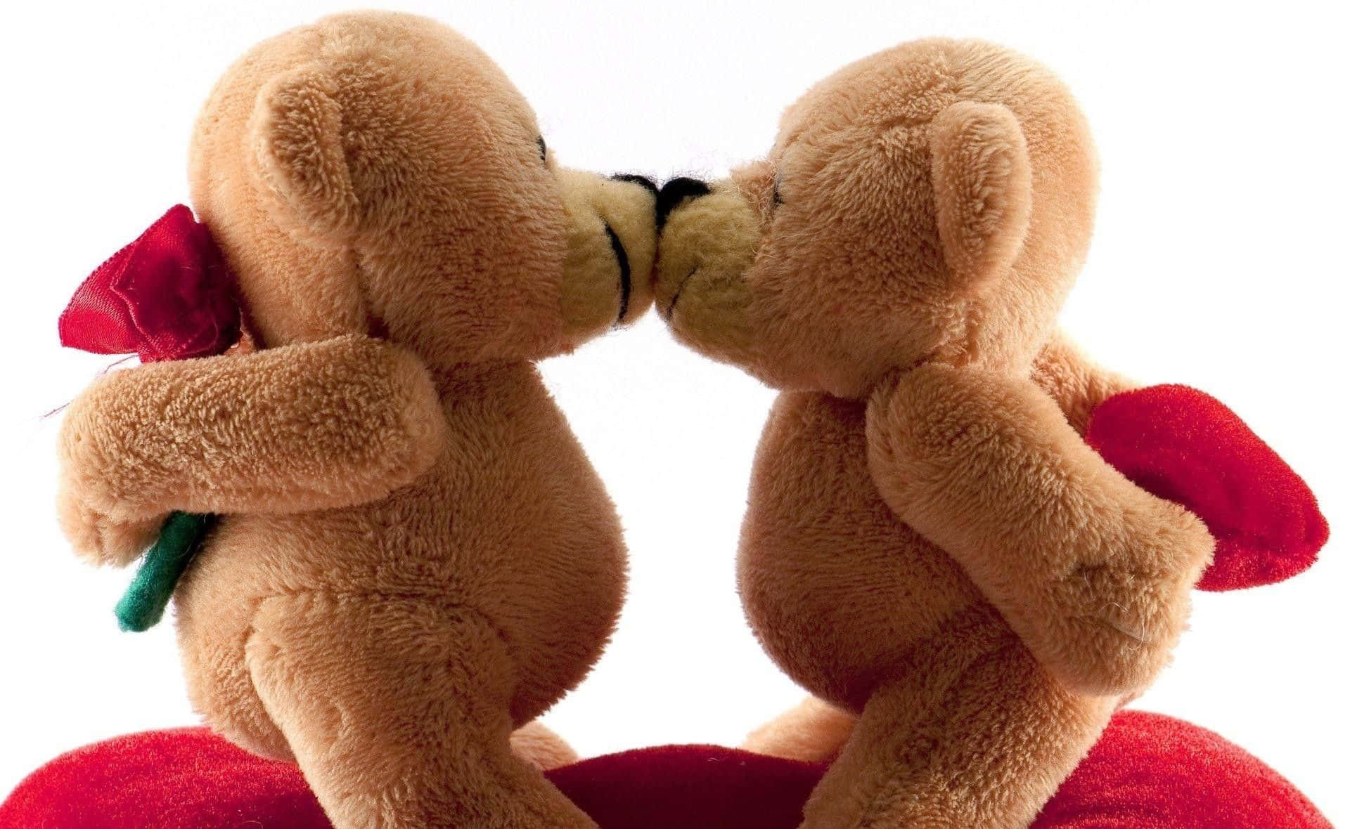 Teddy Bear 桌布 壁紙 — 兩隻棕色泰迪熊在白色背景前溫柔親吻，同時手持紅玫瑰。