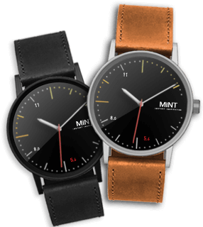 Timepiece 桌布 壁紙 — 兩隻極簡主義MINT品牌手錶，黑色錶盤和皮革錶帶，一隻黑色一隻棕褐色，在深色背景上展示。