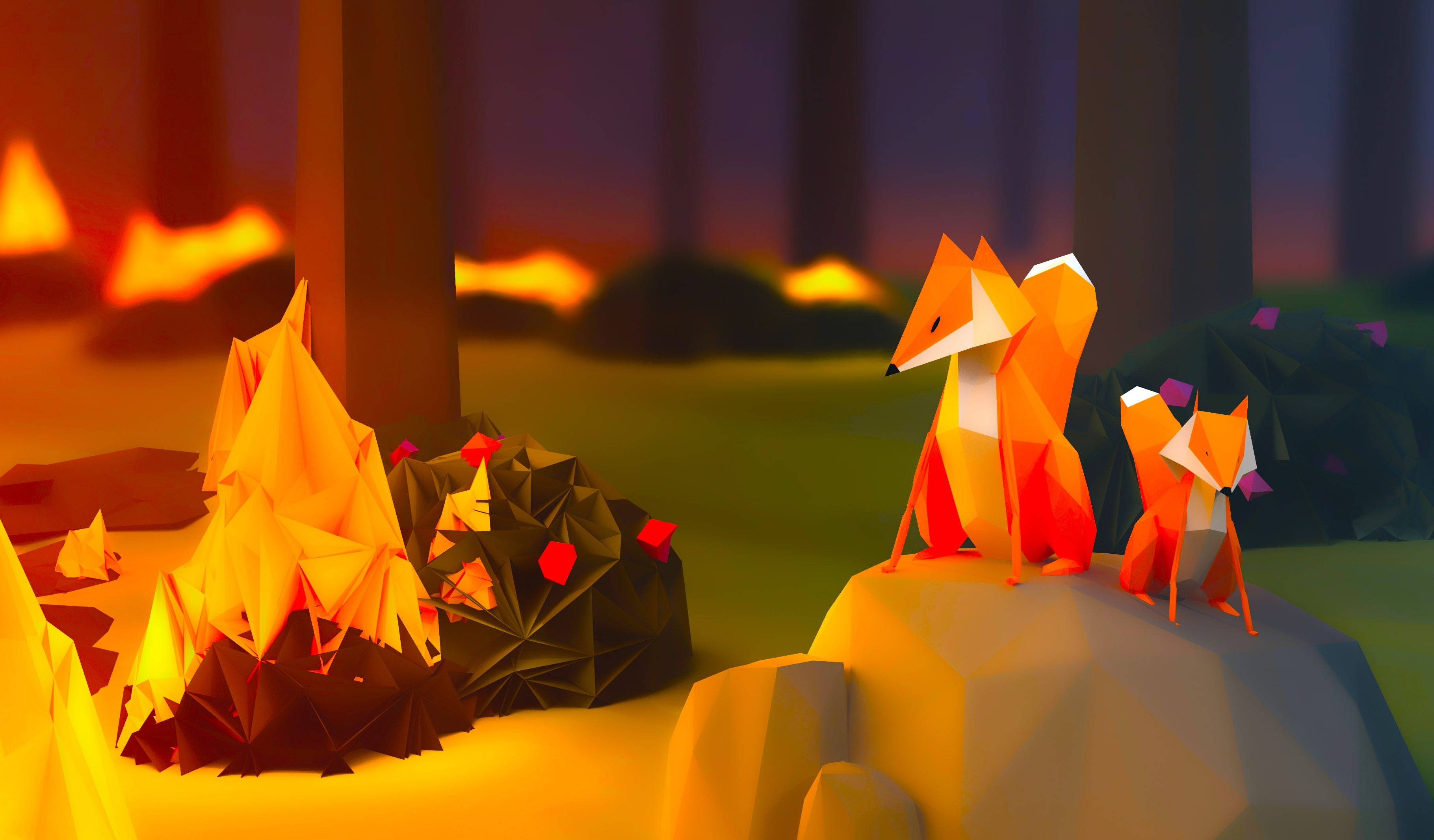 Polygon 桌布 壁紙 — 兩隻橙色低多邊形狐狸坐在岩石上，旁邊是發光的營火，在黃昏的風格化森林中。
