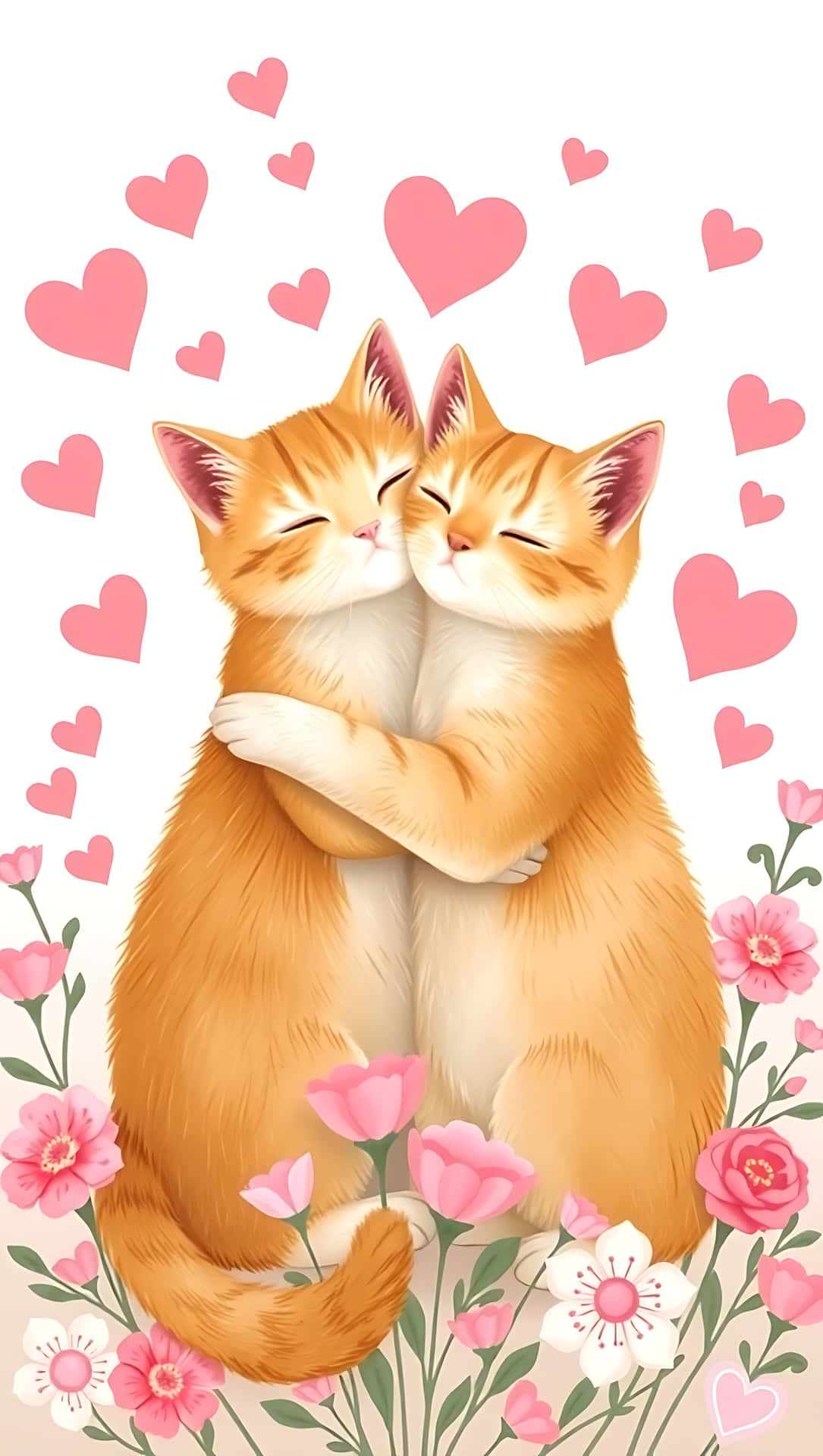 Valentine’s Hug with Cats and Hearts smartphone wallpaper 壁紙 — 兩隻橙色虎斑貓在漂浮的粉紅色愛心和盛開的粉紅色和白色花朵中溫柔地擁抱。