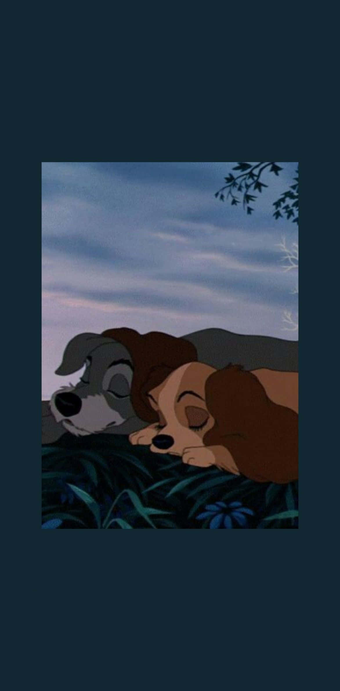 lady and the tramp 桌布 壁紙 — 兩隻正在睡覺的動畫小狗在草地上平靜地休息，頭頂上是帶有柔軟雲朵和樹枝的暮色天空。