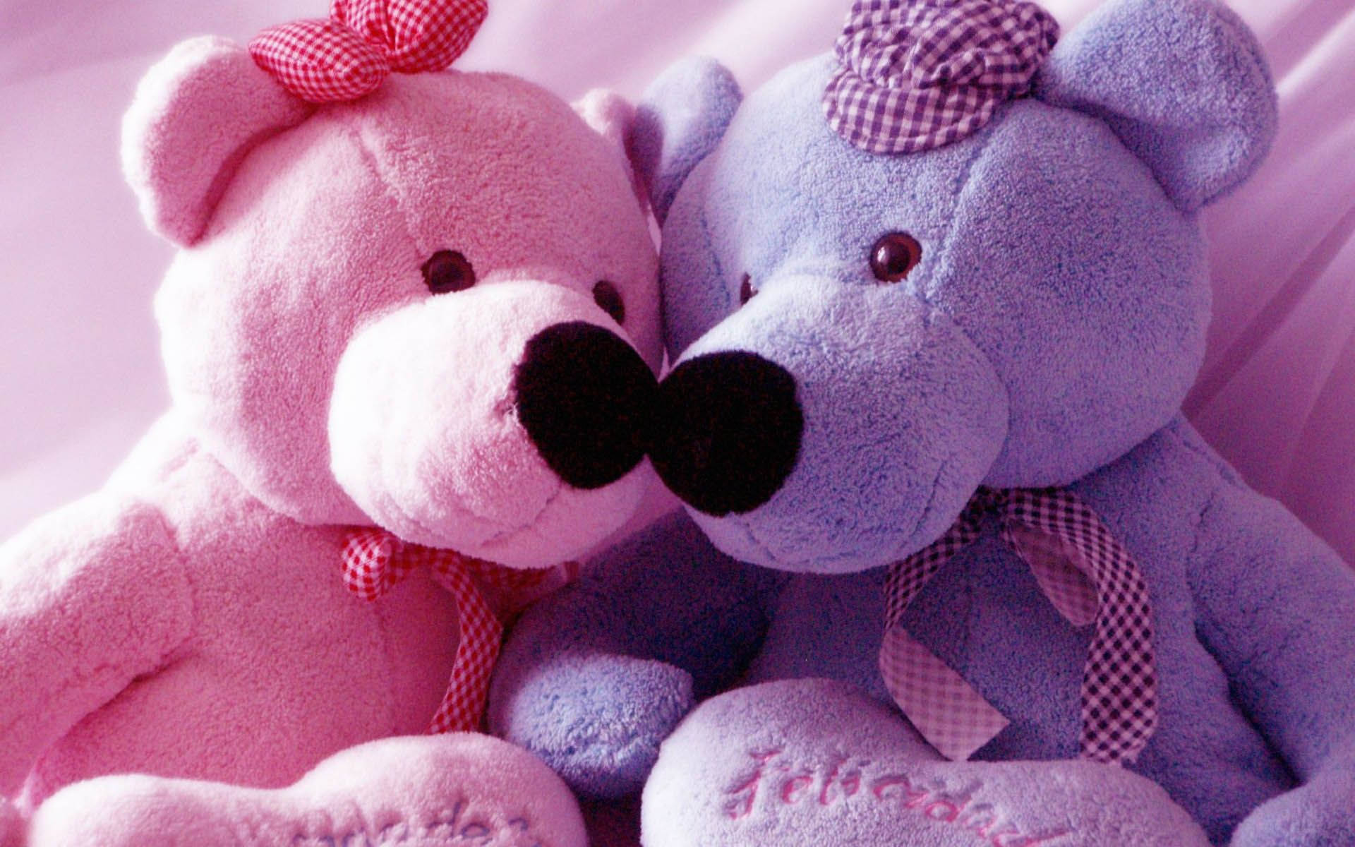 Teddy Bear 桌布 壁紙 — 兩隻毛絨泰迪熊，一粉一藍，在柔和粉紅燈光下鼻子相觸。