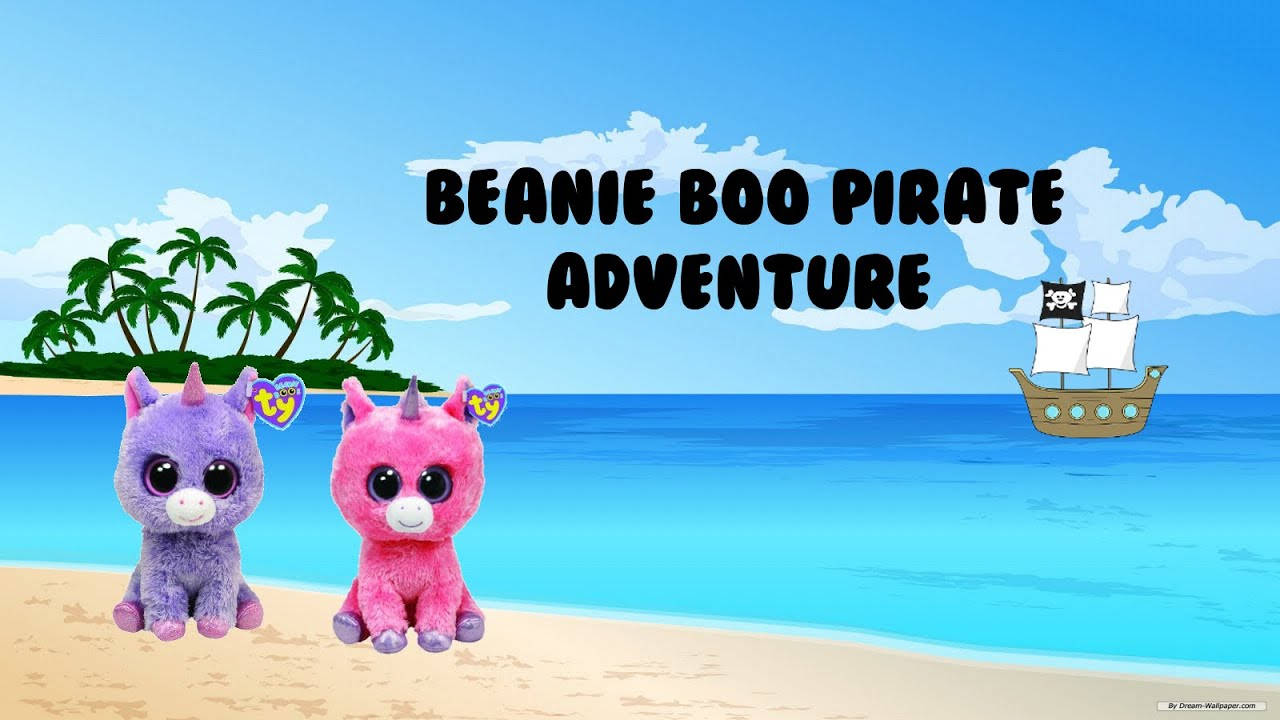 Beanie 桌布 壁紙 — 兩隻毛絨獨角獸Beanie Boos坐在陽光明媚的海灘上，一艘海盜船在明亮的藍天下駛過棕櫚樹。