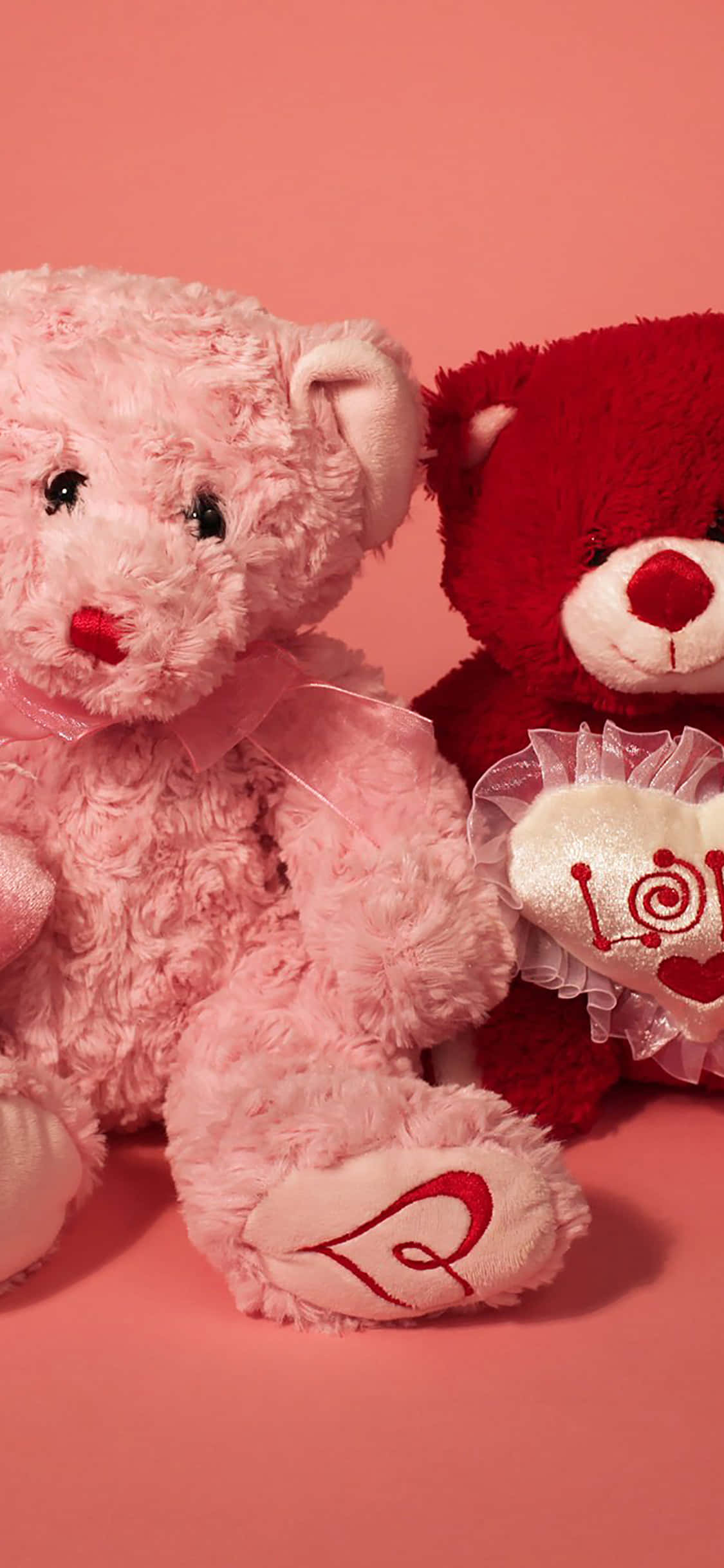 Teddy Bear 桌布 壁紙 — 兩隻毛絨絨的泰迪熊粉紅色和紅色並排坐在柔和的粉紅色背景上，手持心形。