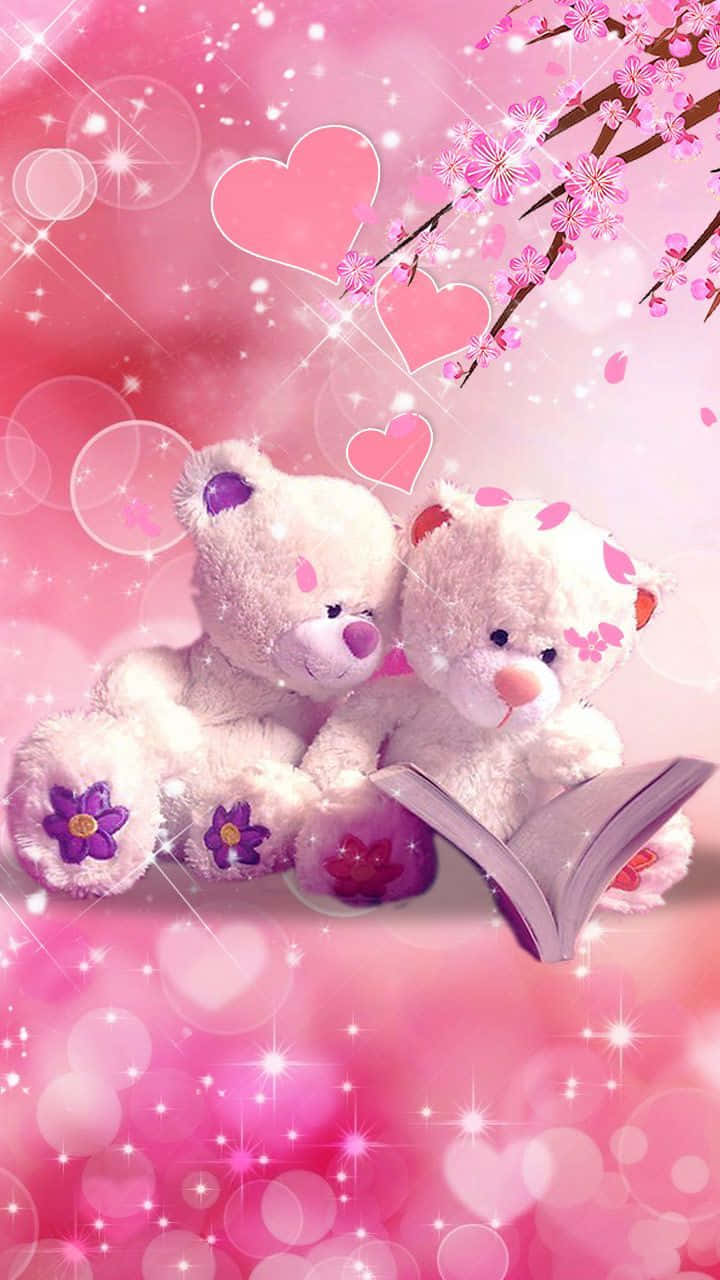bear love 桌布 壁紙 — 兩隻毛絨絨的白色泰迪熊在一本打開的書上擁抱，背景是閃爍的粉紅櫻花和漂浮的心形。