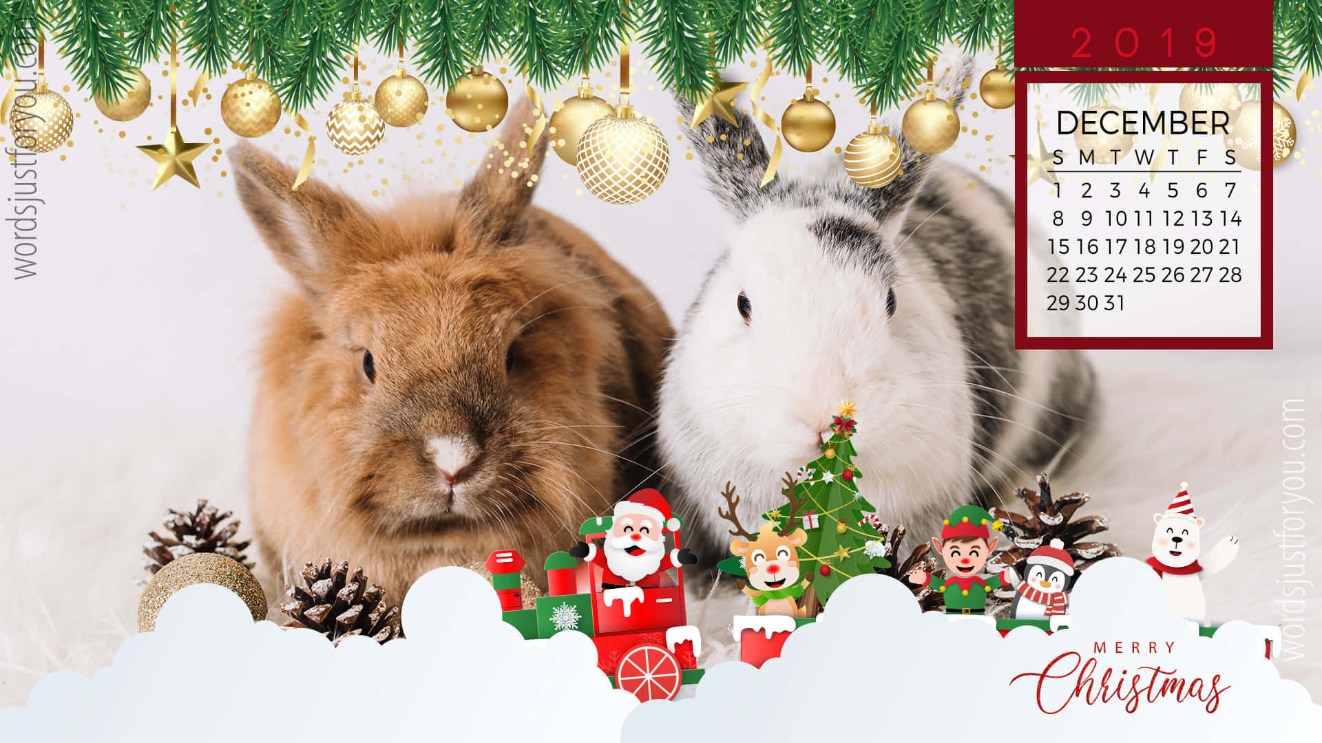 Cute December 桌布 壁紙 — 兩隻毛茸茸的兔子坐在金色裝飾品和松枝下的節日聖誕公仔旁邊。