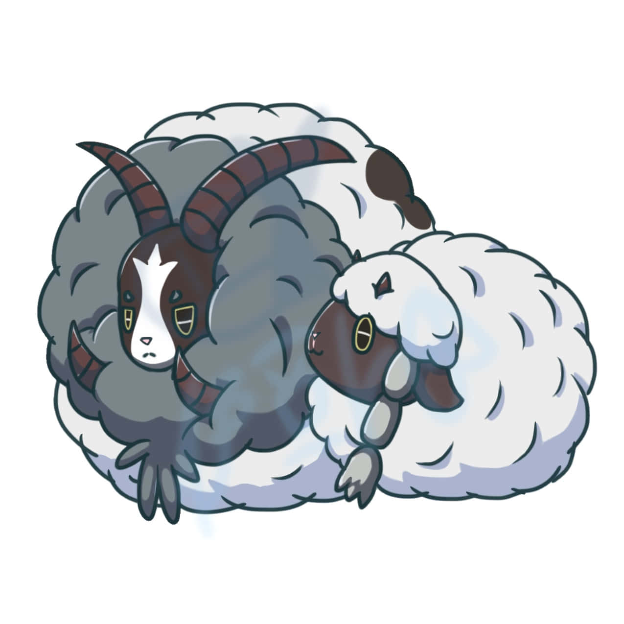 Wooloo 桌布 壁紙 — 兩隻毛茸茸的卡通山羊，彎曲的角，依偎在舒適的羊毛堆裡。
