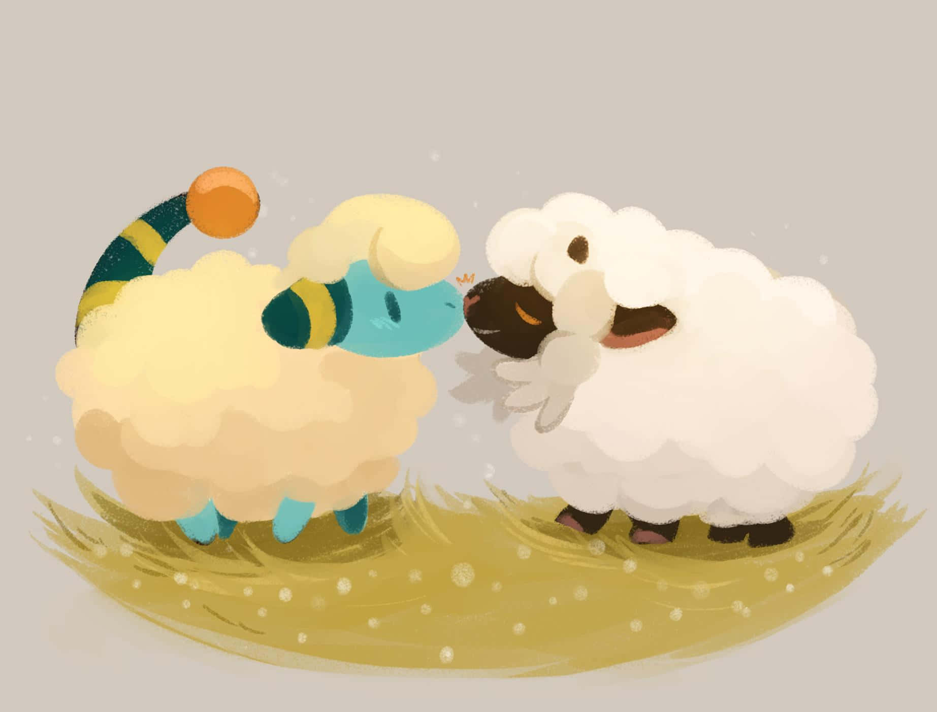 Wooloo 桌布 壁紙 — 兩隻毛茸茸的卡通羊，一隻藍臉條紋尾巴，在金色草地上蹭另一隻白綿羊。